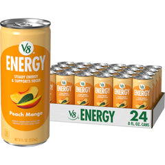 V8 lata frontal Peach Mango mostrando diseño y beneficio de energía vegetal