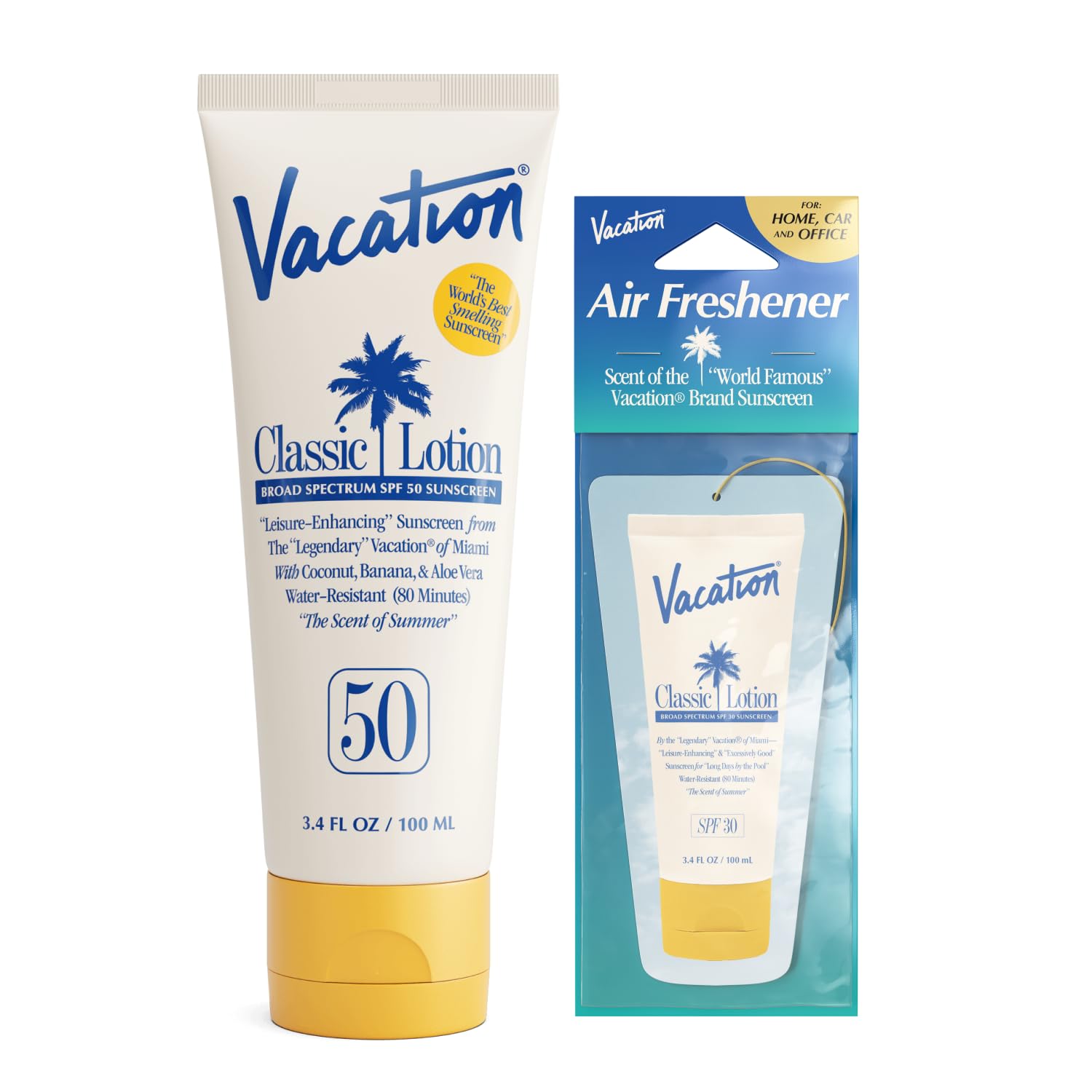 Vacation envase frontal mostrando SPF 50 y diseño, transmite confianza