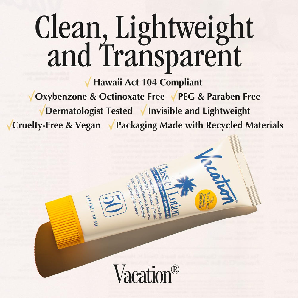 VACATION aplicación del mini SPF 50 en la playa para protección resistente al agua
