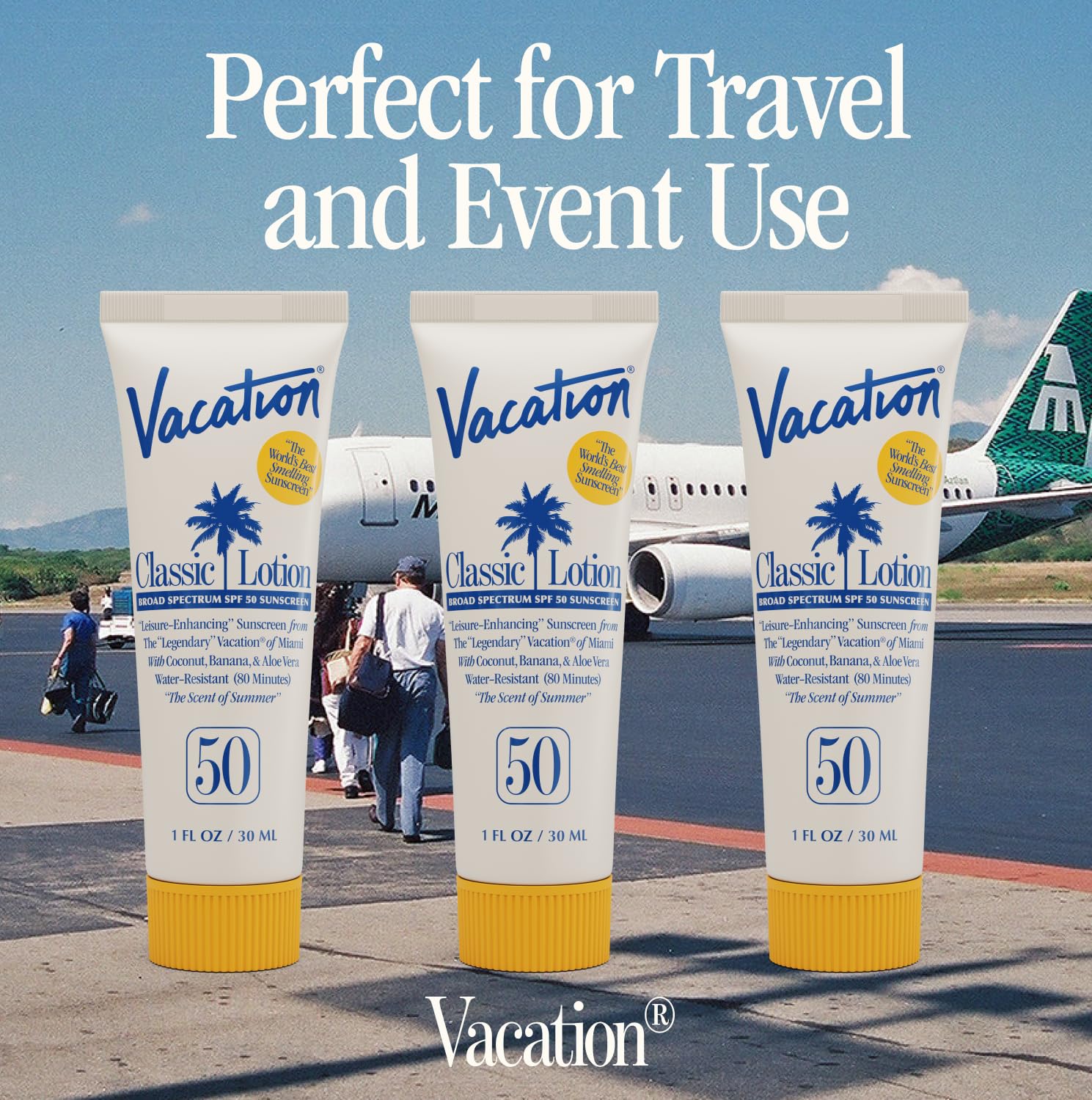 VACATION etiqueta con ingredientes y SPF 50 destacando cumplimiento y limpieza