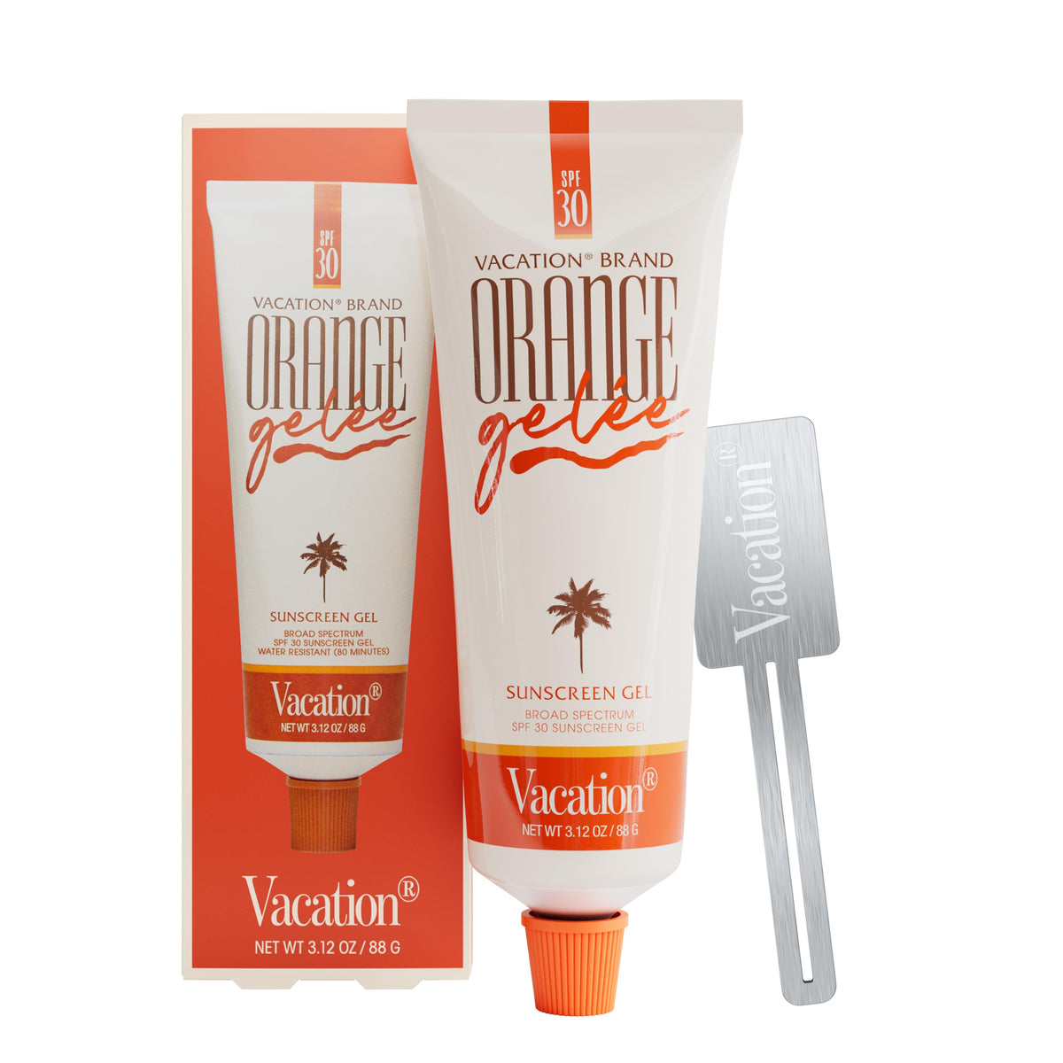 VACATION tubo frontal naranja que muestra el diseño icónico y protección SPF 30