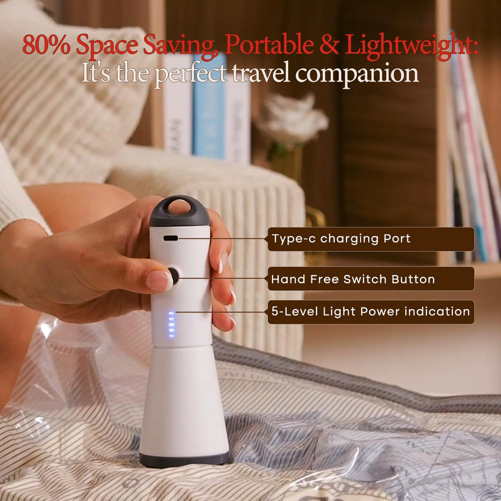 Vacbird bomba recargable en mano demostrando ergonomía y portabilidad