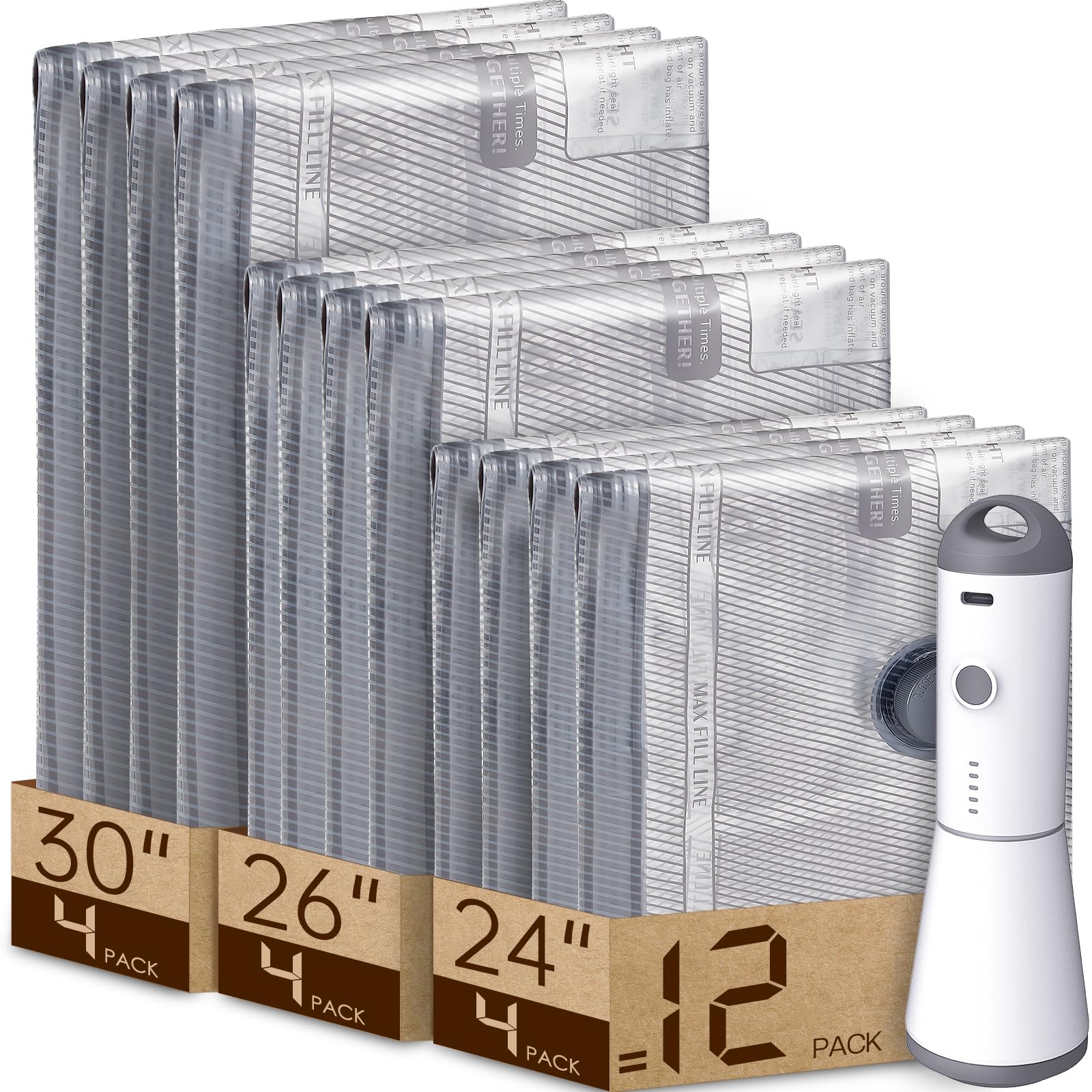 Vacbird frente del pack mostrando bomba y 12 bolsas, ahorro de espacio