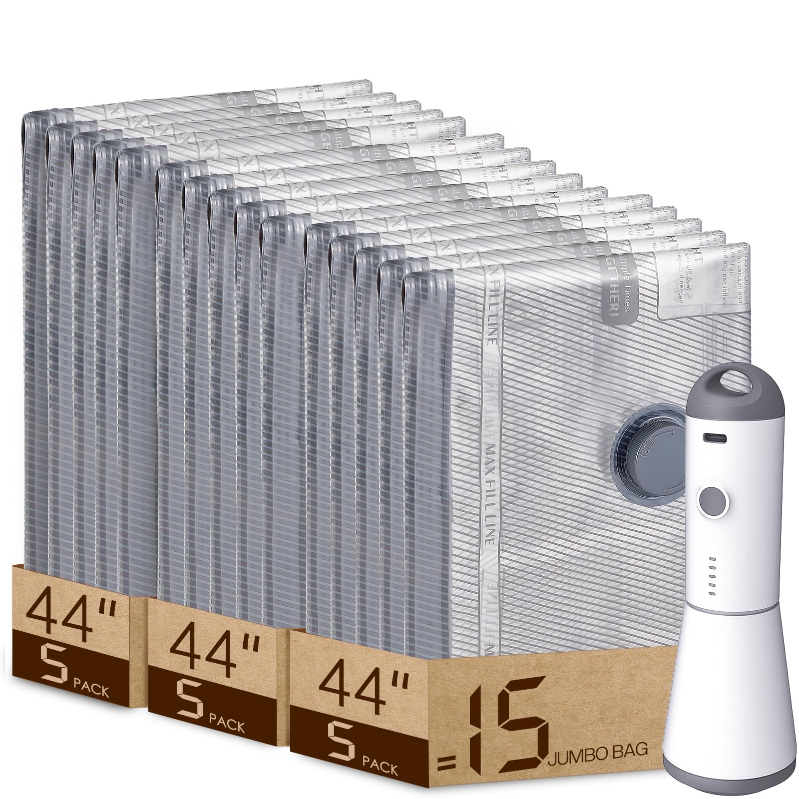 Vacbird frontal del paquete jumbo mostrando contenido y beneficios de espacio