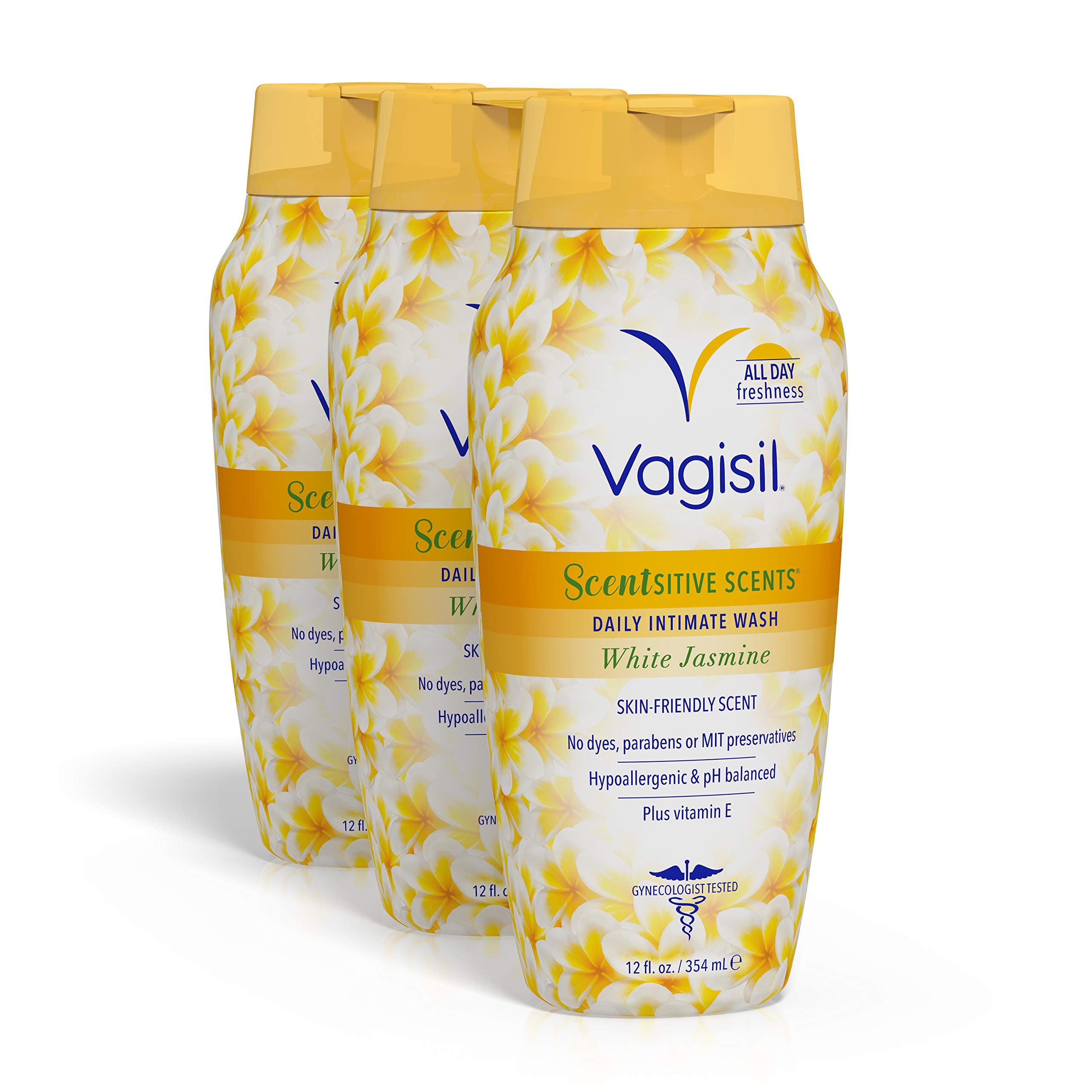 Vagisil lavado íntimo frontal botella mostrando tamaño y aroma jazmín