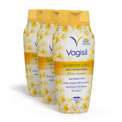 Vagisil lavado íntimo frontal botella mostrando tamaño y aroma jazmín