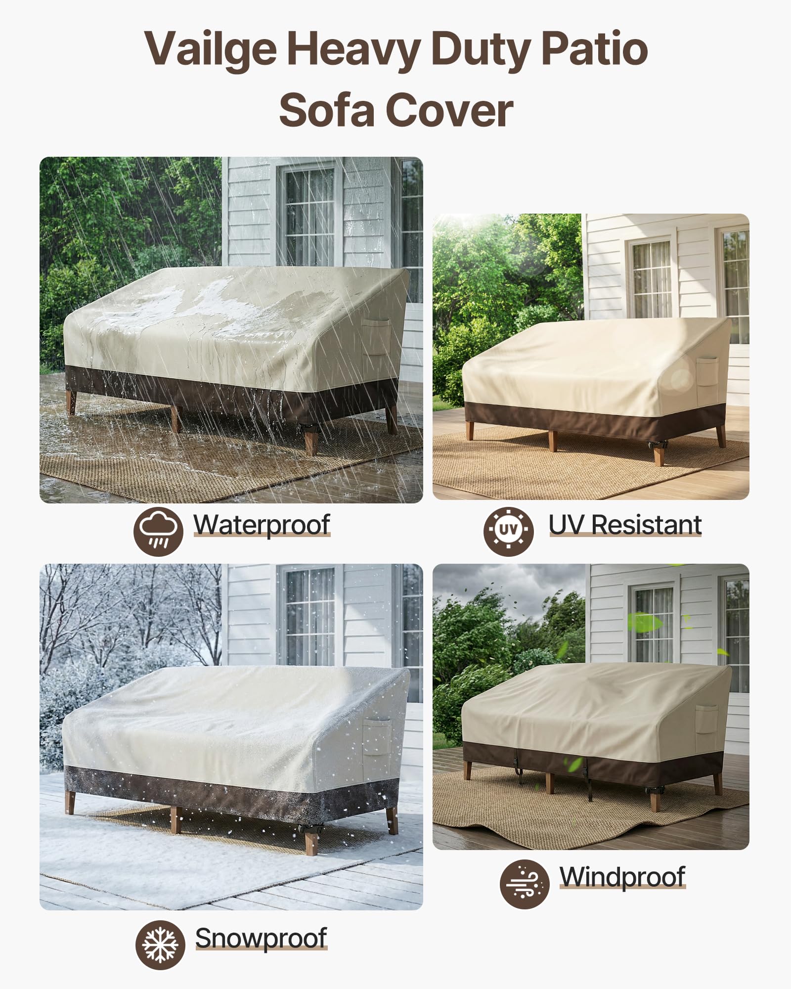 Vailge full cover on outdoor sofa illustrating complete weather protection
