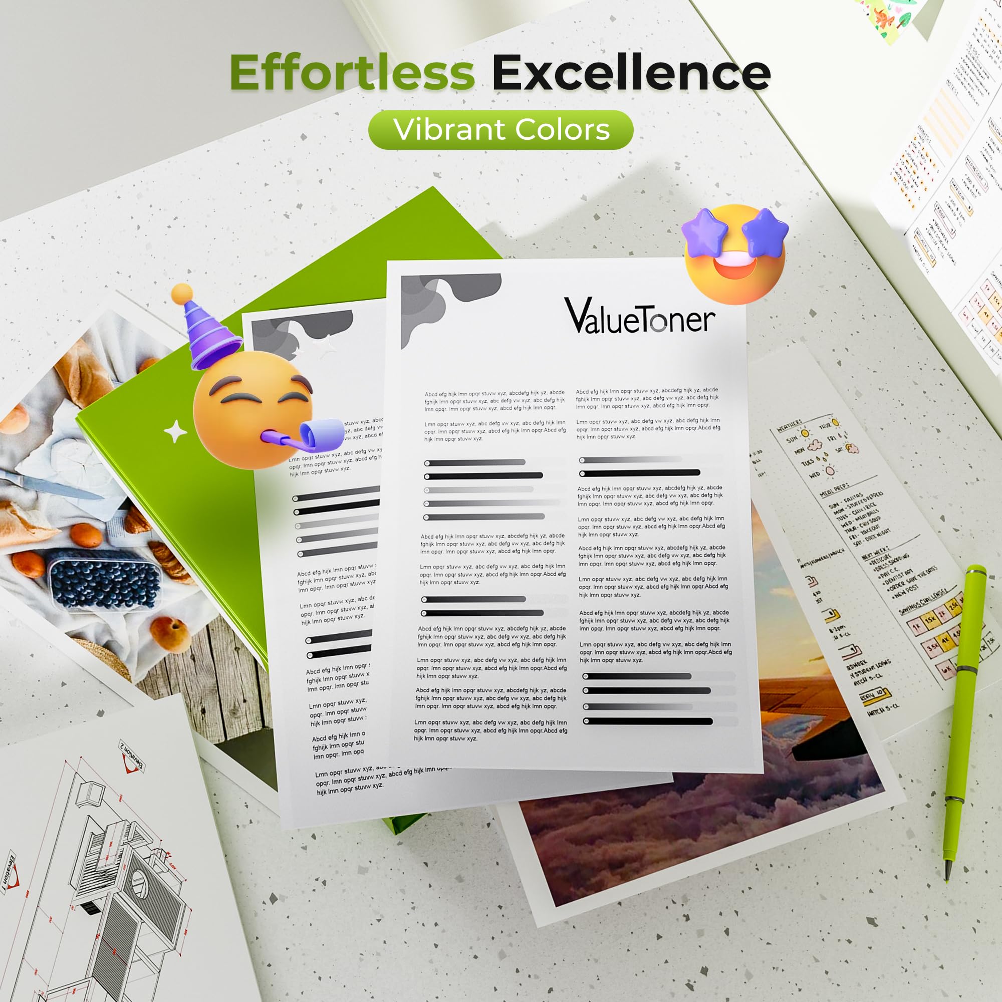 Valuetoner hoja impresa con texto y color, resultados nítidos y vibrantes