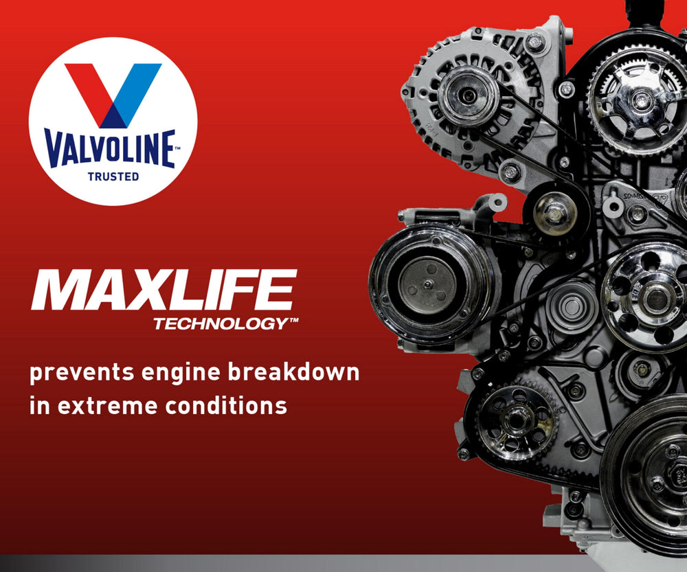 Perfil lateral de la botella Valvoline MaxLife con información técnica visible