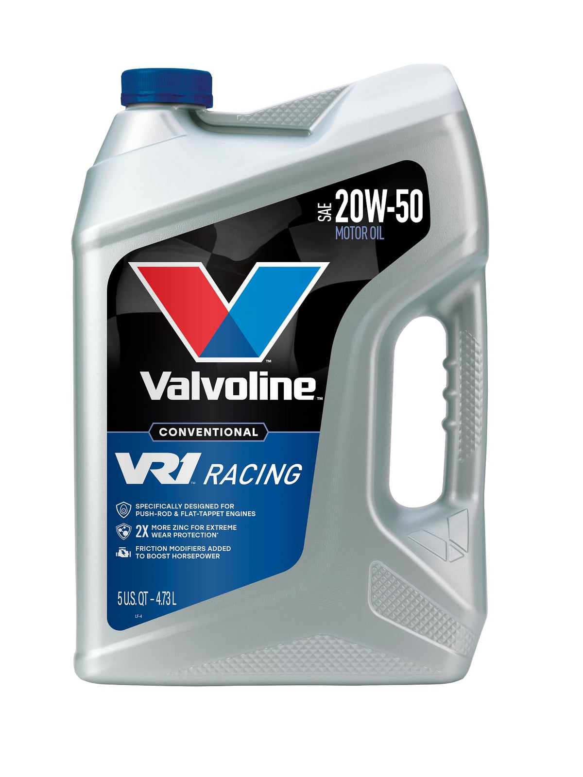Valvoline VR1 botella frontal 5 QT mostrando envase y uso en motor