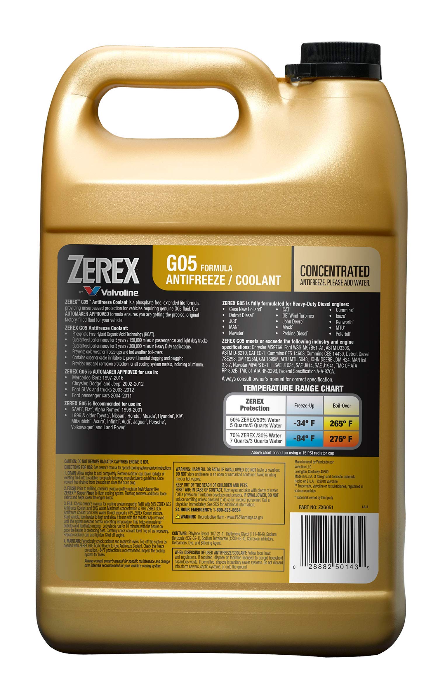 Valvoline Zerex G05 etiqueta en primer plano con información técnica y beneficios claros