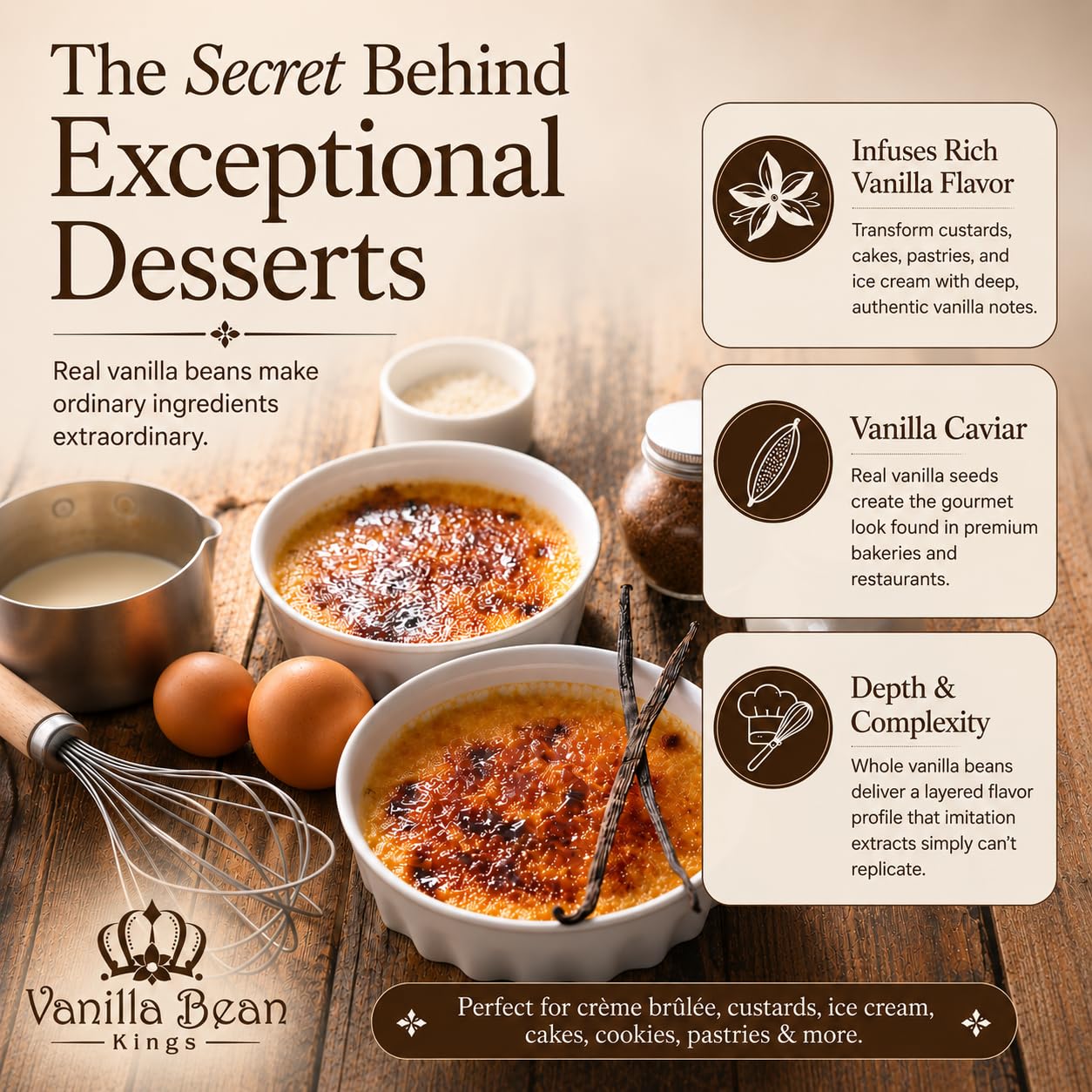 Vanilla Bean Kings vainas envasadas al vacío para conservar frescura
