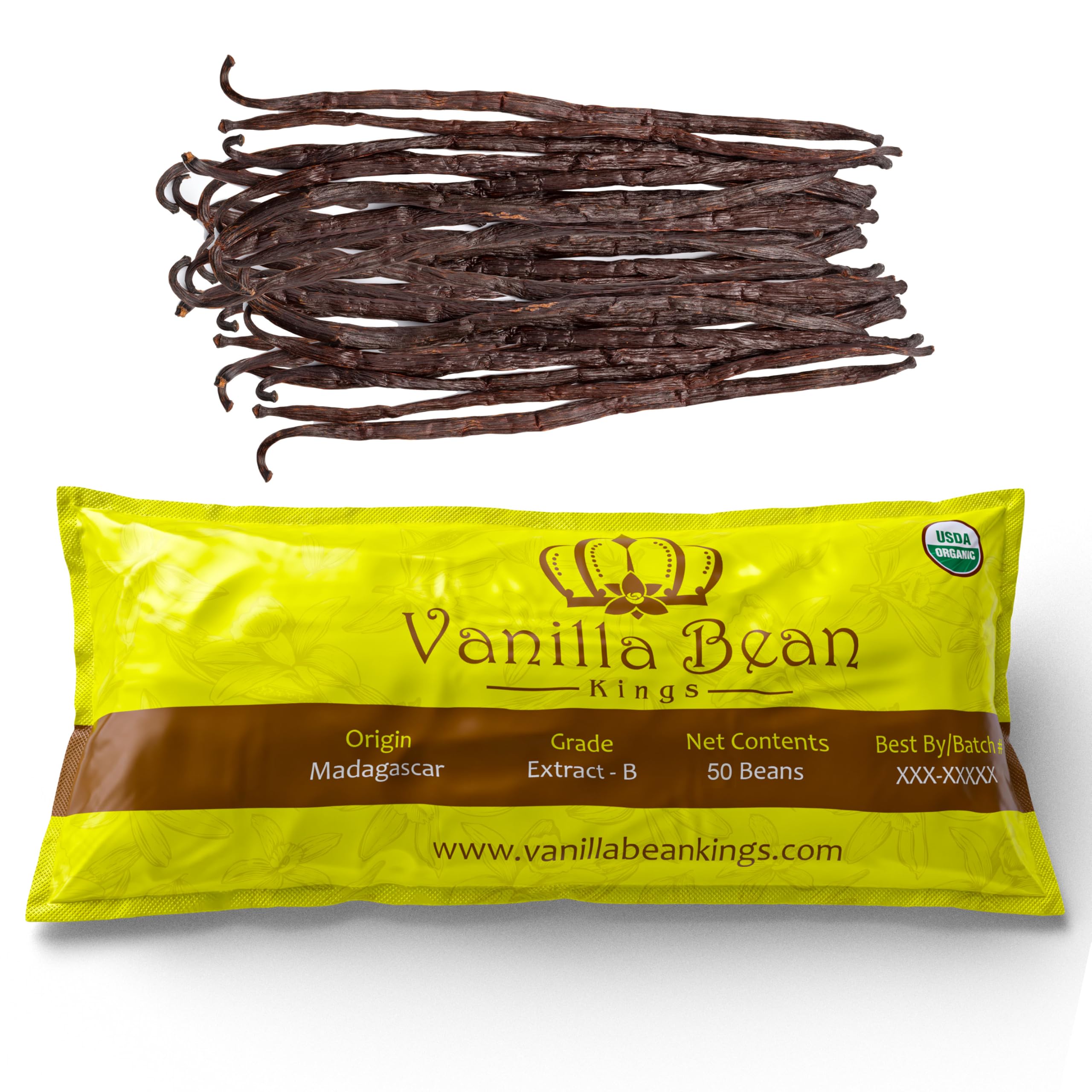 Vanilla Bean Kings vista frontal del paquete, calidad orgánica clara