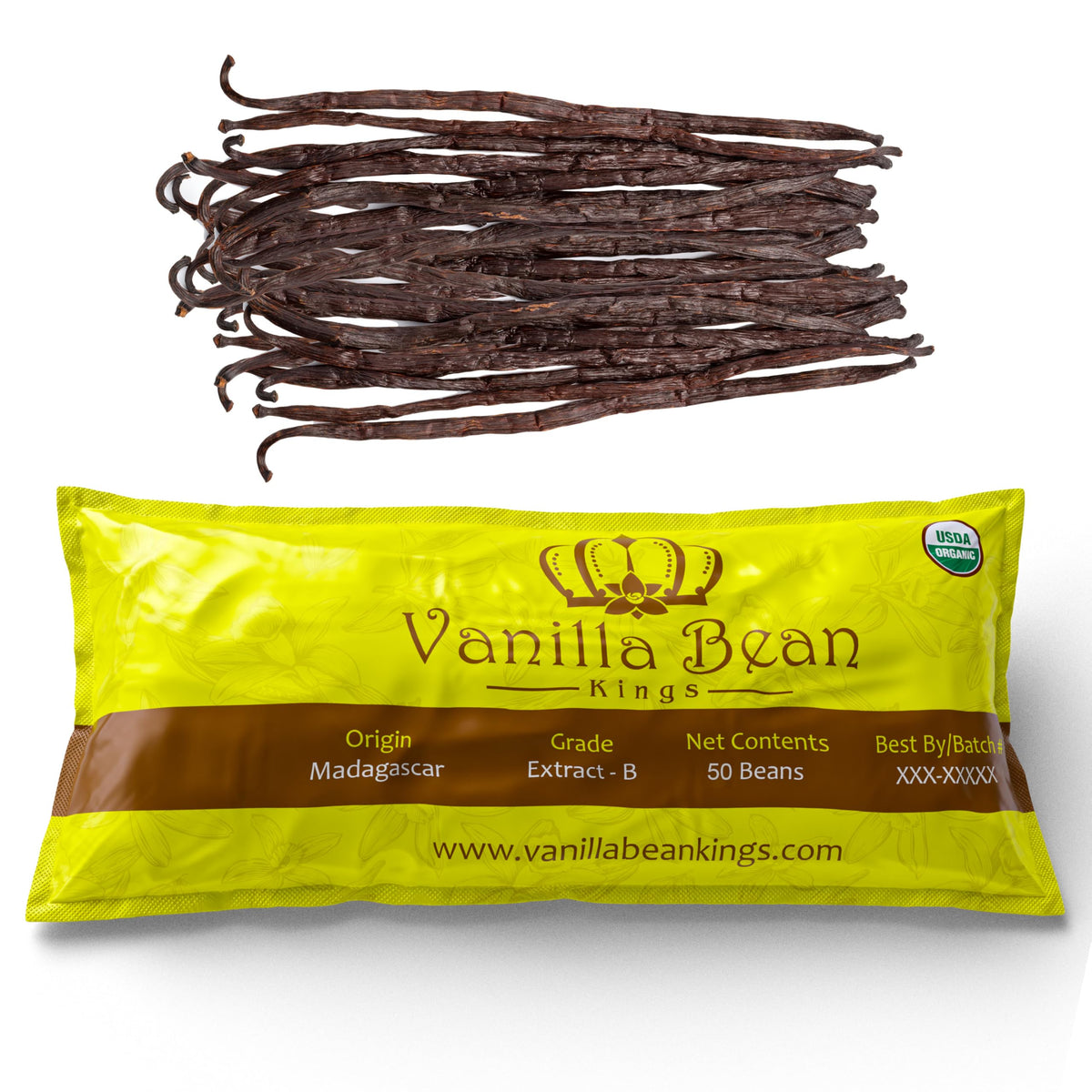 Vanilla Bean Kings vista frontal del paquete, calidad orgánica clara