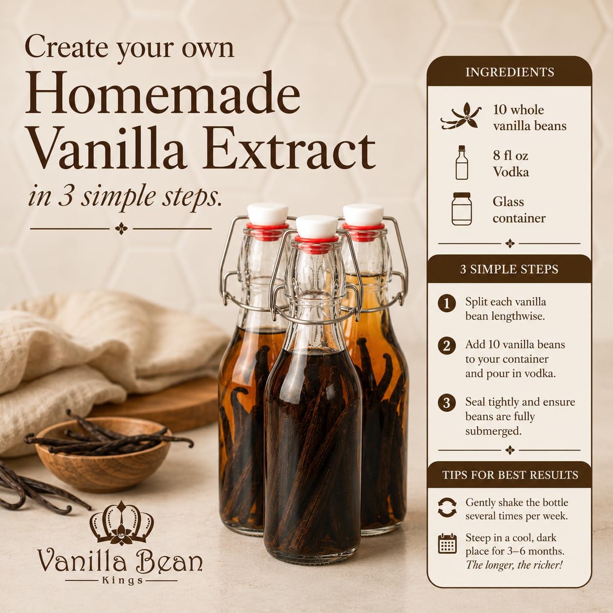 Vanilla Bean Kings vaina abierta con semillas raspadas para uso inmediato