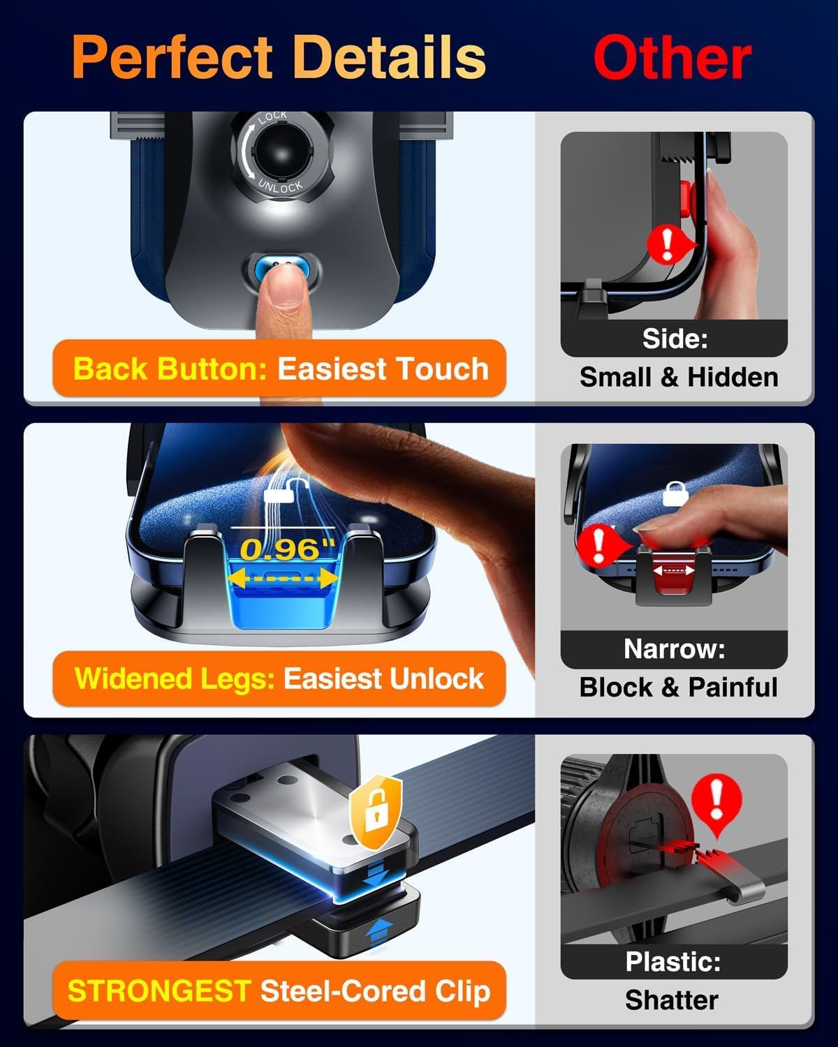 VANMASS holding a large phone in the deep 0.7" cradle for thick-case compatibility