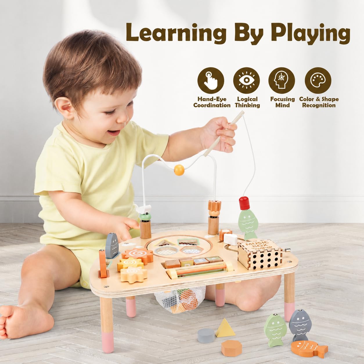 Vanplay niño jugando al juego de pesca que mejora la coordinación ojo-mano