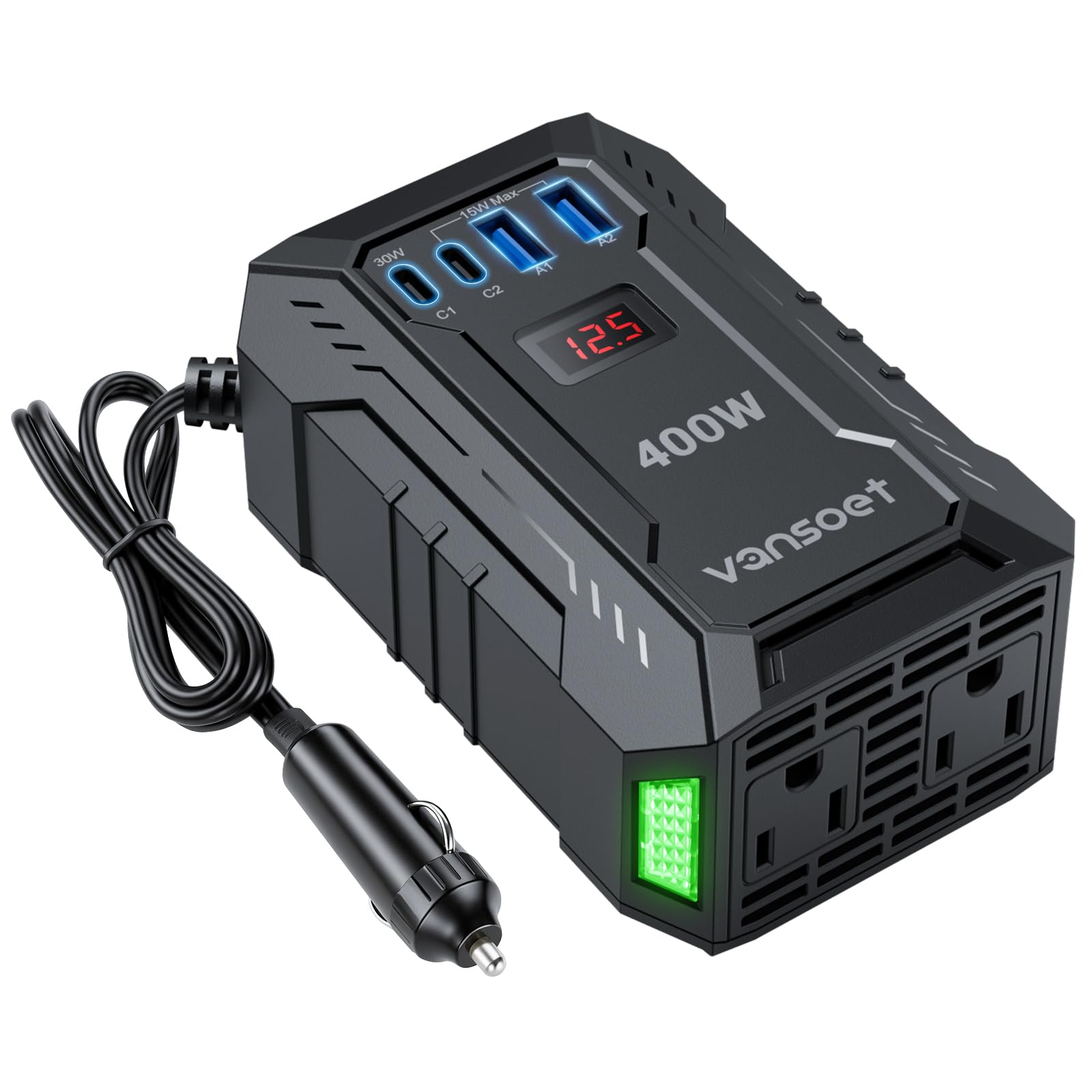 vansoet vista frontal con tomas AC y puerto USB para energía portátil