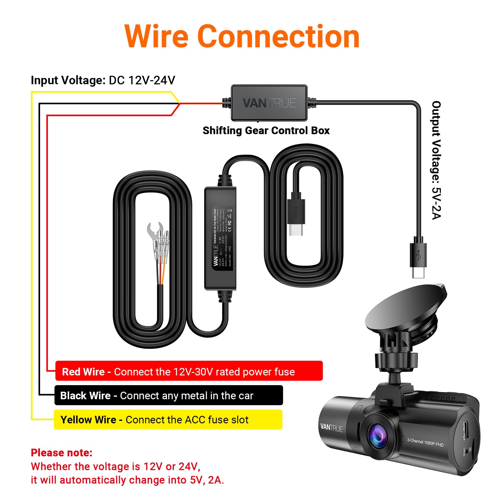 VANTRUE 11.5ft USB-C cable and connector illustrating long reach for tidy routing