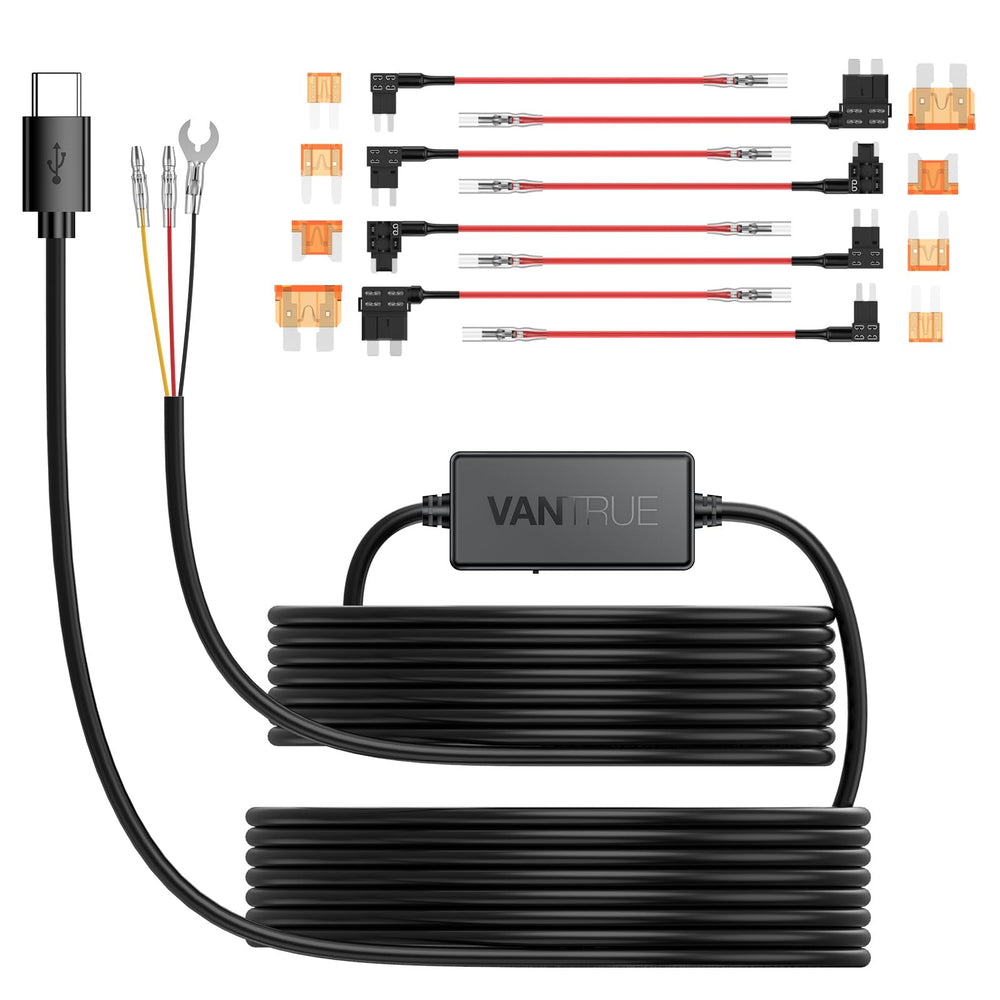 VANTRUE hardwire kit front packaging showing complete contents and compatibility benefits