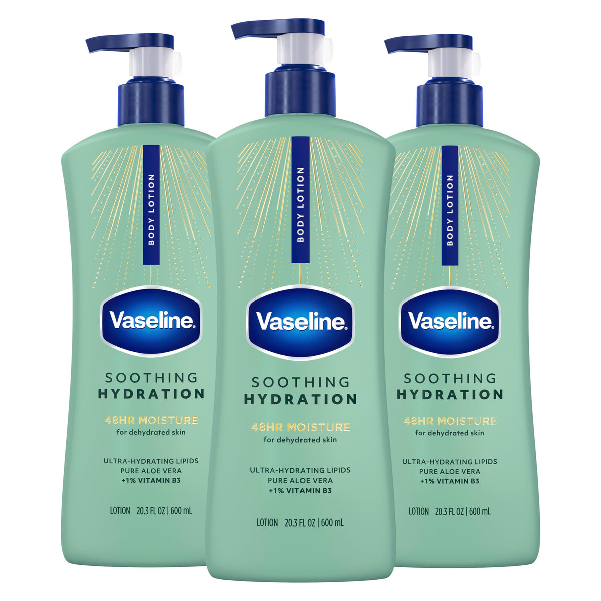 Vaseline front packaging showing 20.3 oz 3-pack and product benefits
