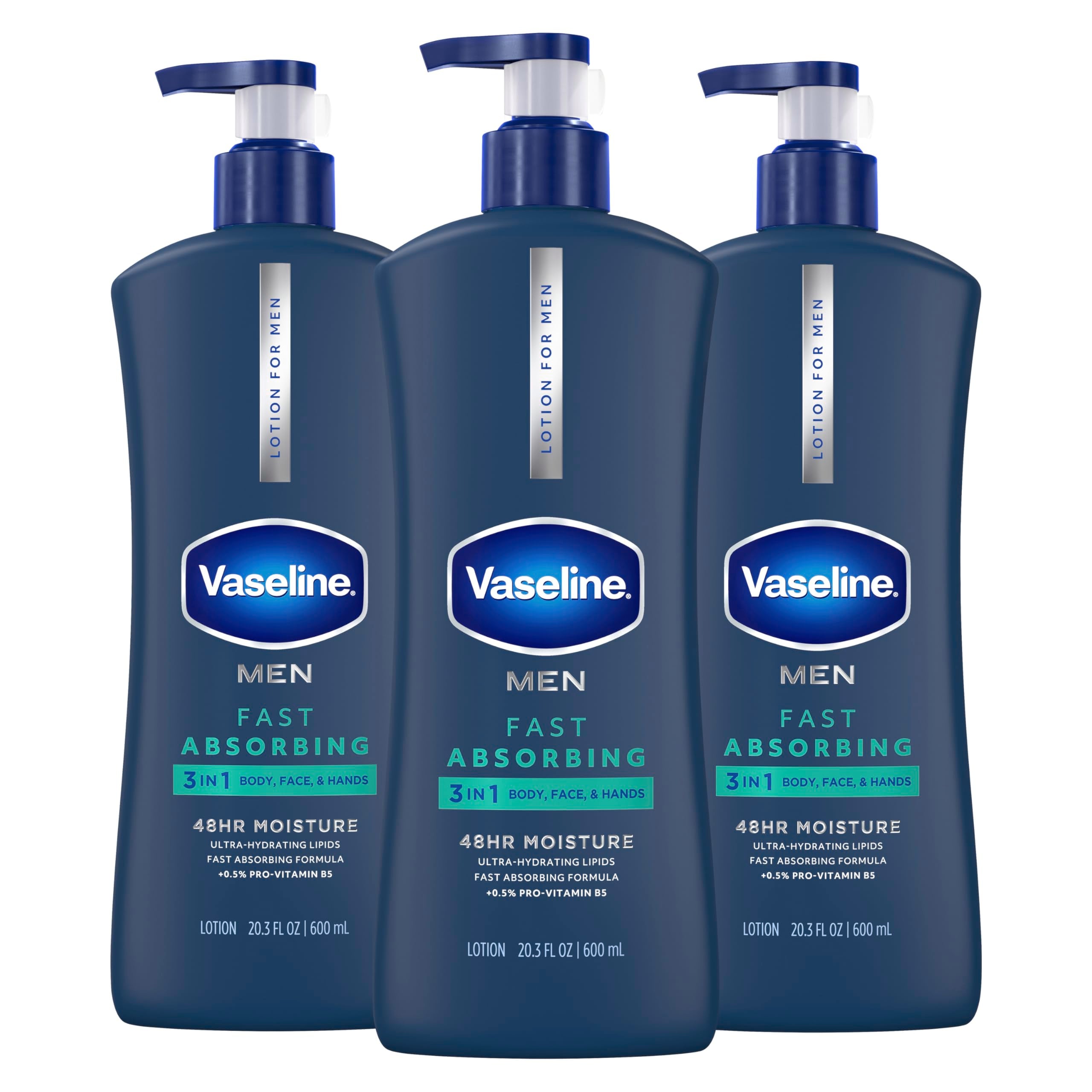 Vaseline front packaging of three 20.3 oz bottles showing value pack benefit