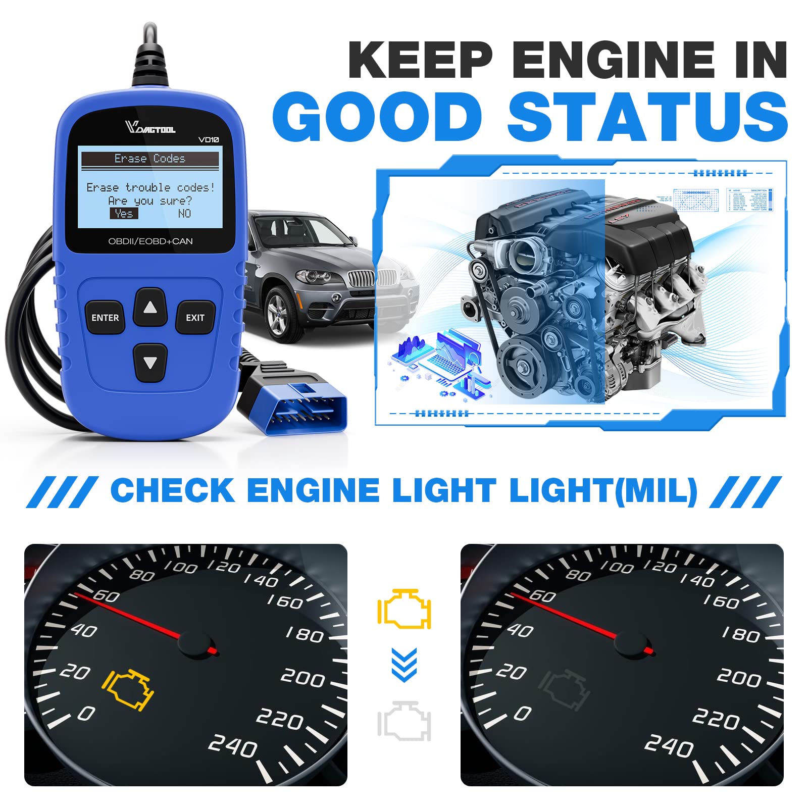 VDIAGTOOL VD10 conector OBD2 listo para conexión rápida y fiable
