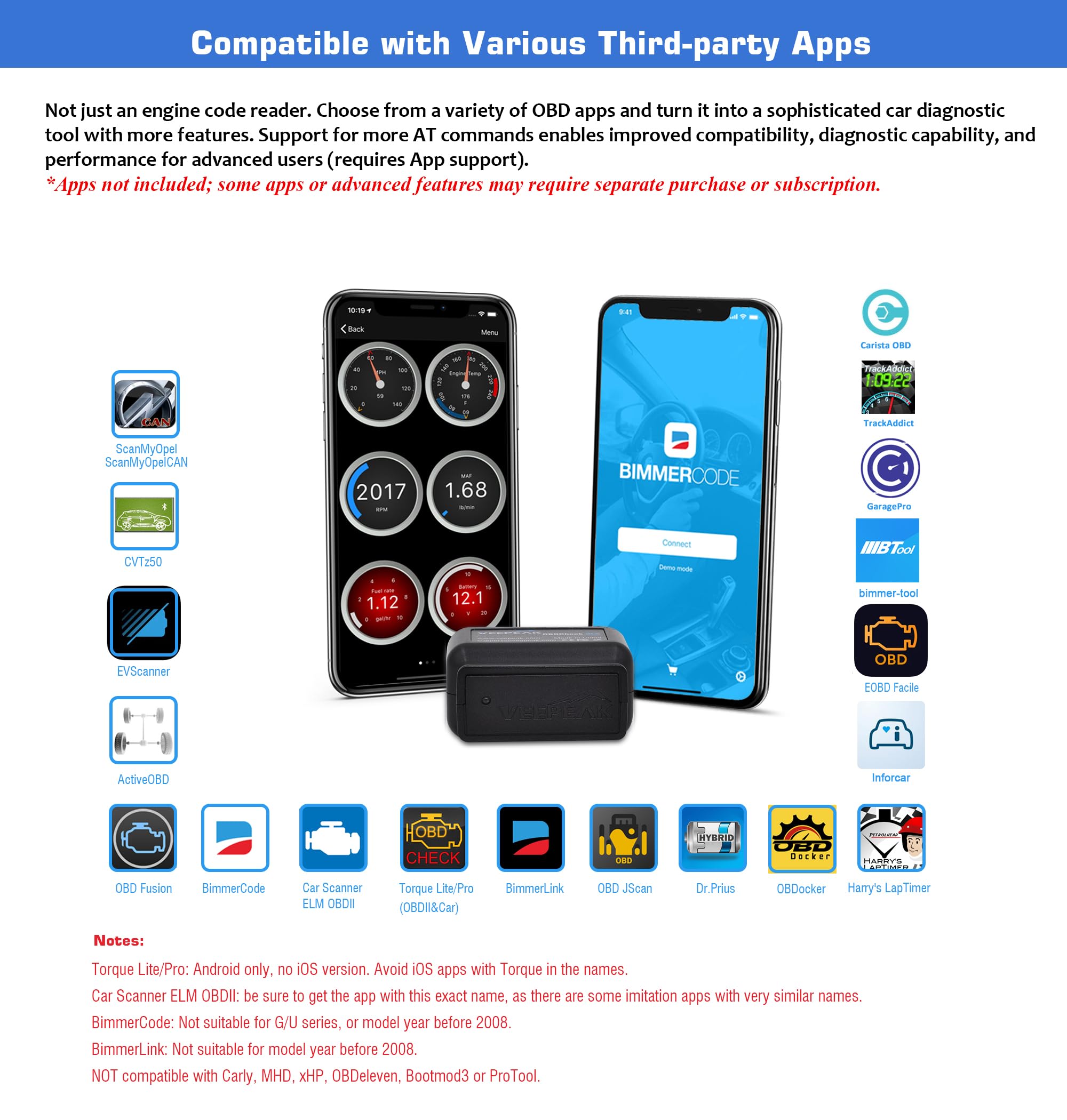 Veepeak en uso con smartphone mostrando la app y lectura de códigos