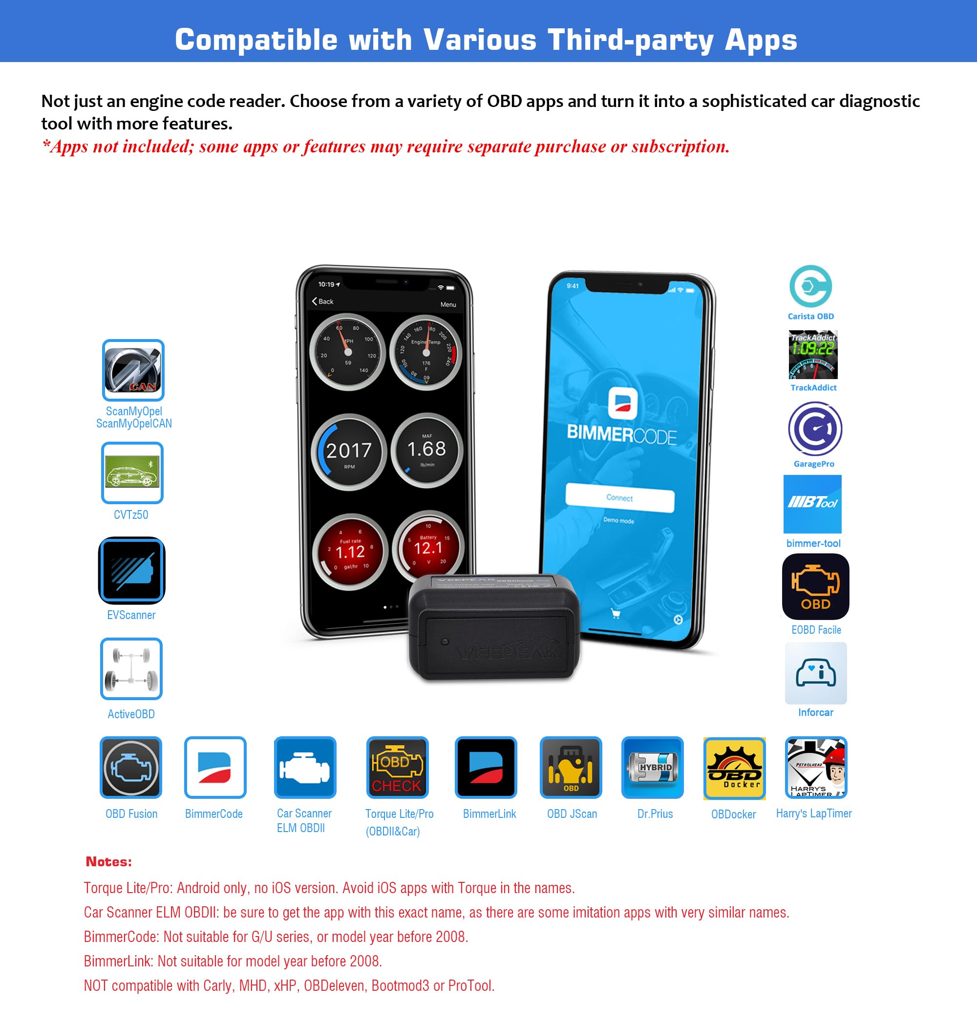 Veepeak OBDCheck BLE conectado a smartphone mostrando emparejamiento estable