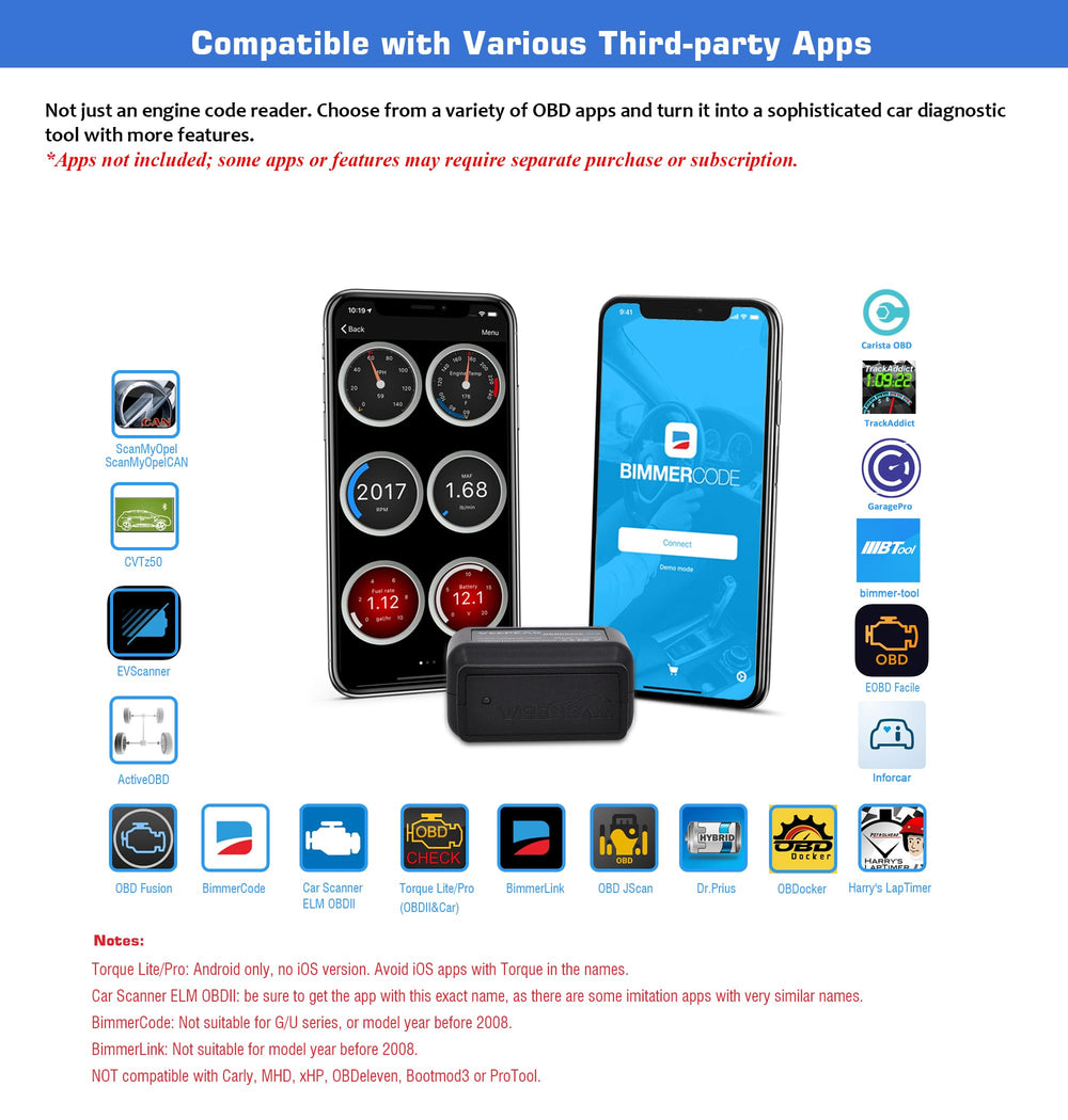 Veepeak OBDCheck BLE conectado a smartphone mostrando emparejamiento estable