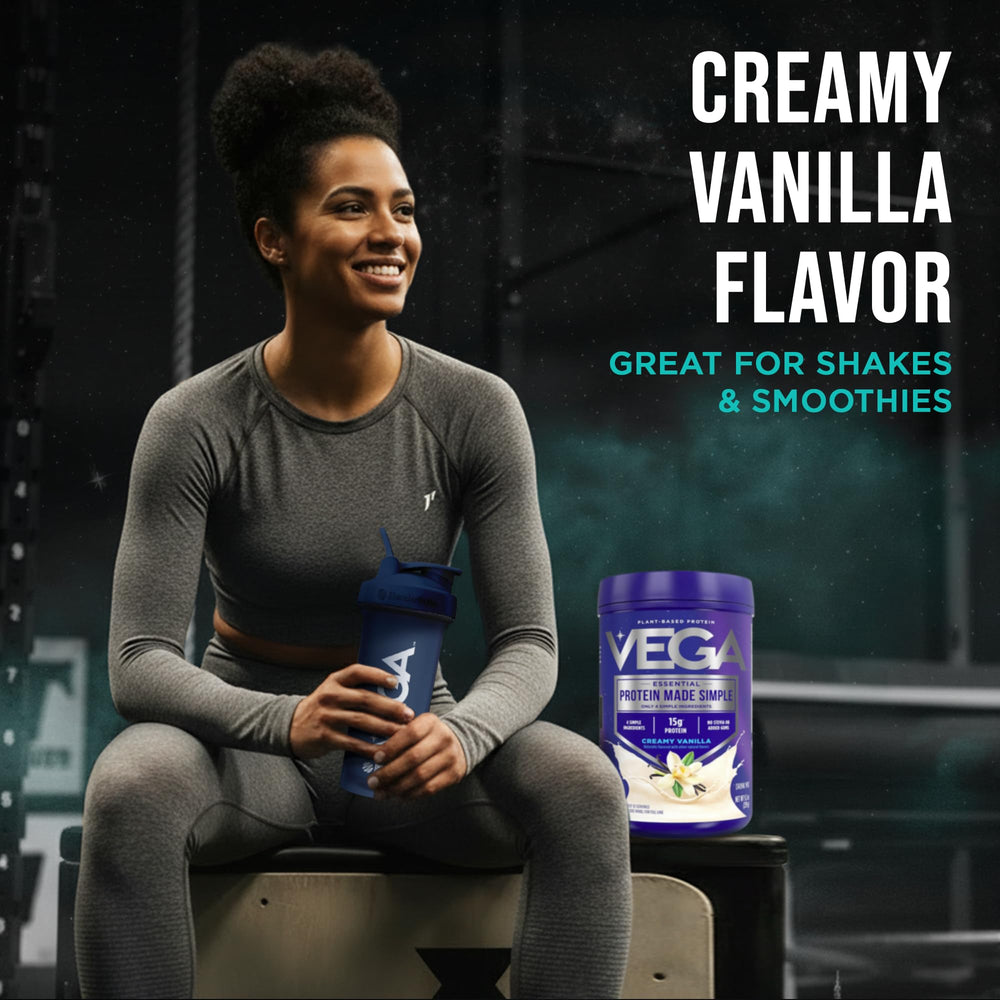 Vega producto junto a leche vegetal y frutas para preparar batido nutritivo