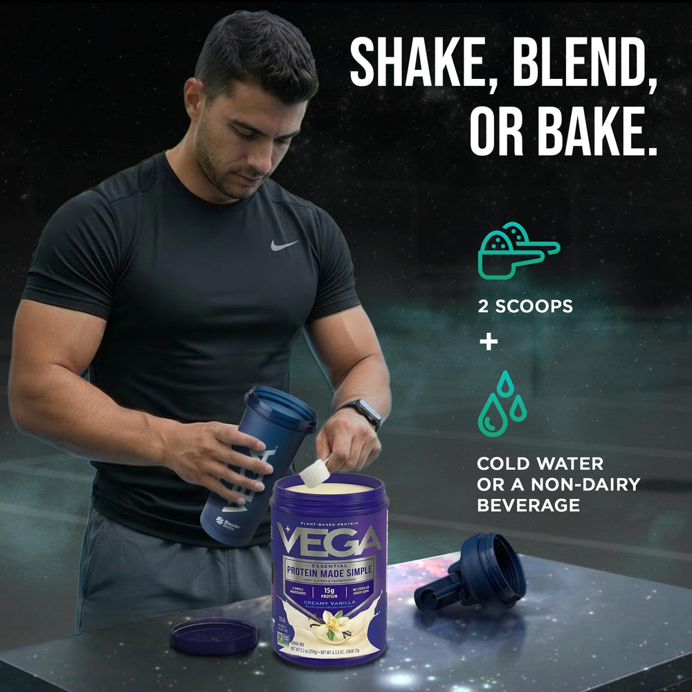 Vega envase de 9.2 oz al lado de botella para comparar escala y portabilidad