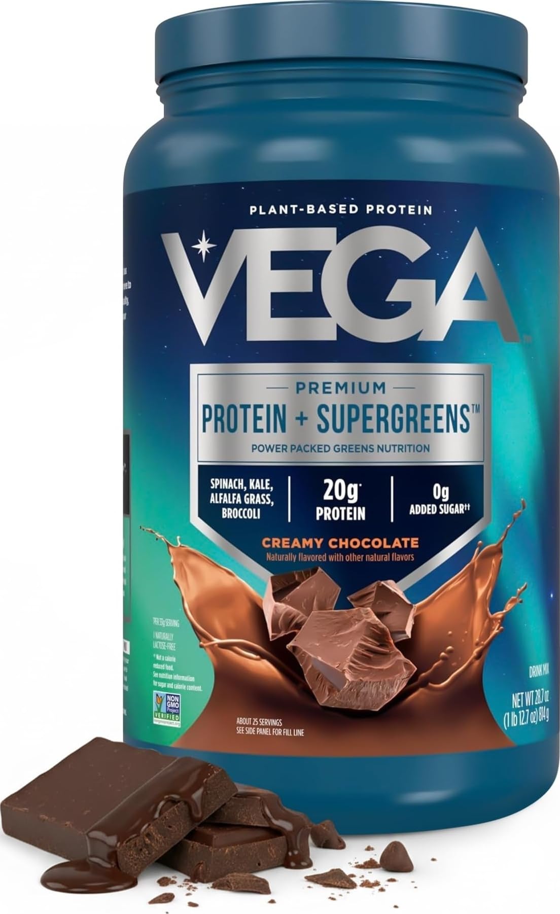 Vega envase frontal mostrando proteína y greens, conveniente para rutinas