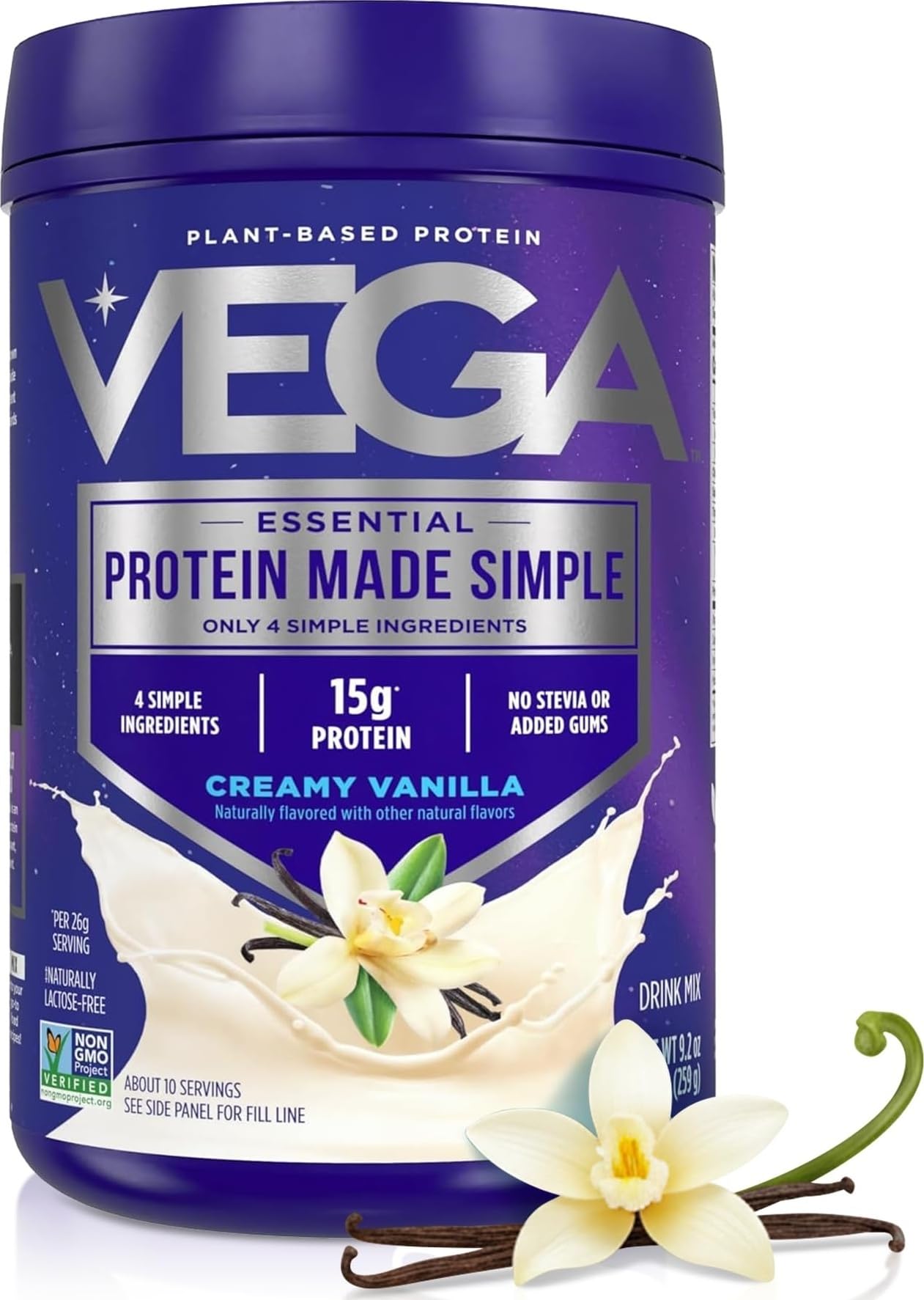 Vega envase frontal de Protein Made Simple vainilla mostrando diseño y tamaño