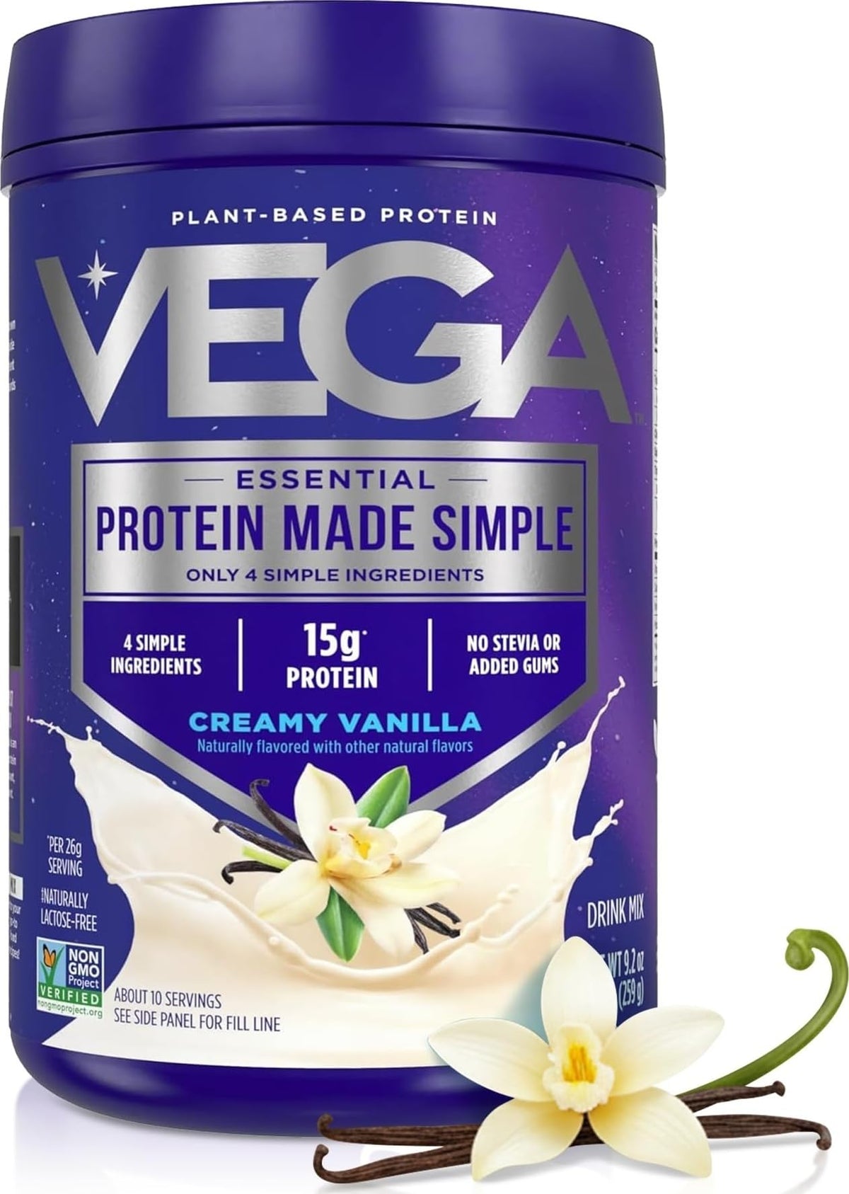 Vega envase frontal de Protein Made Simple vainilla mostrando diseño y tamaño