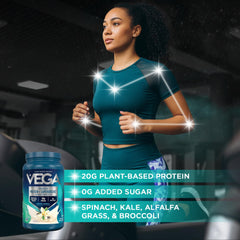 Vega vaso con batido preparado, aporta 20 g de proteína por porción