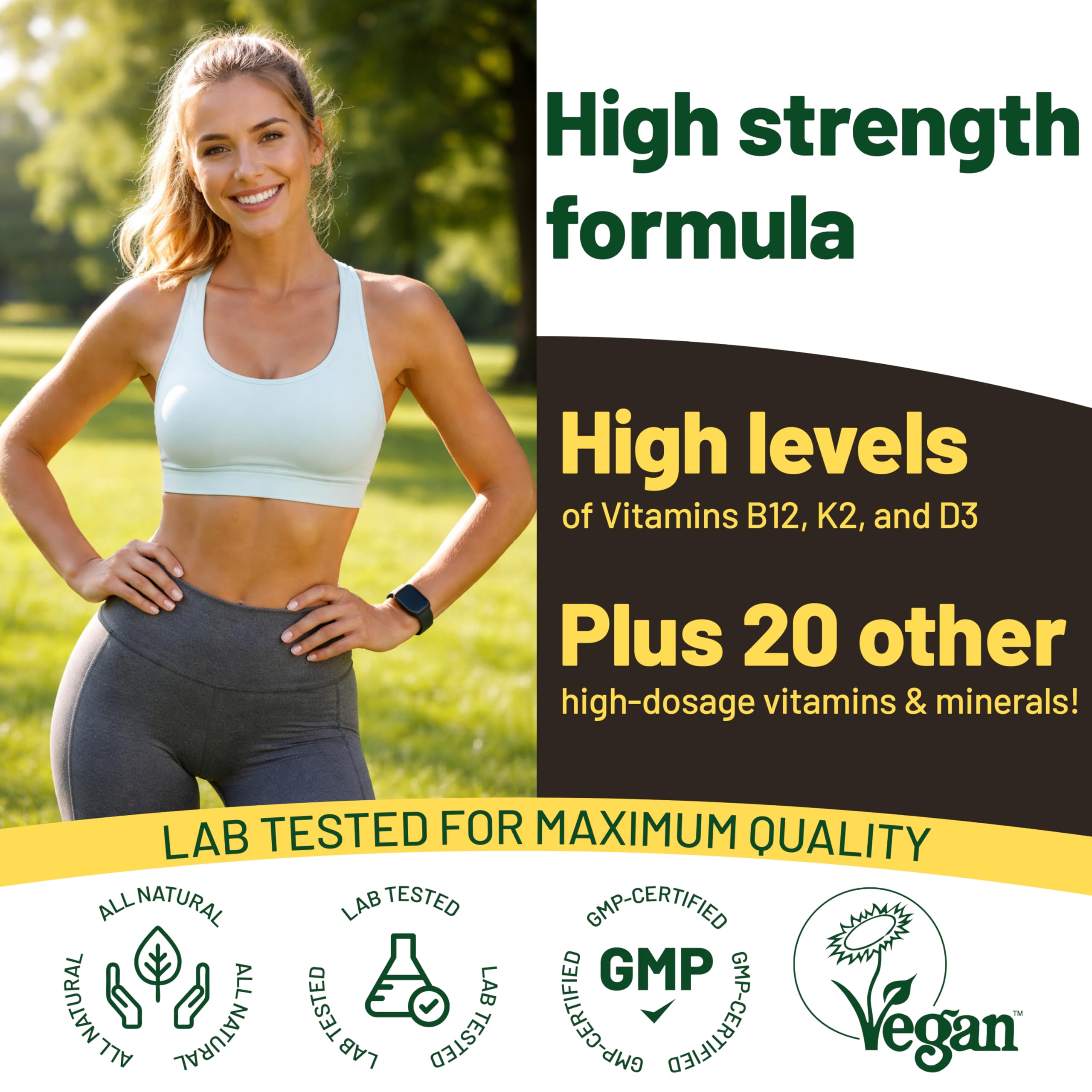 Vegan Vitality frasco de 180 tabletas comparado con una taza para escala