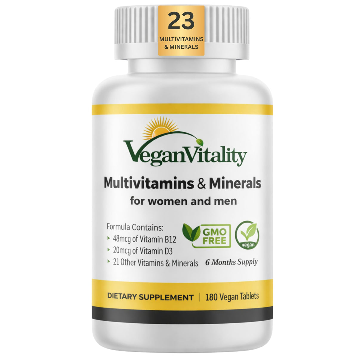 Vegan Vitality envase frontal resaltando ingredientes veganos y dosis completas