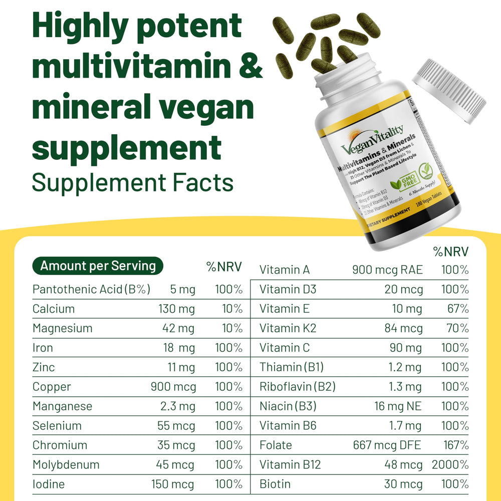 Vegan Vitality tabletas junto a desayuno vegetal para uso diario