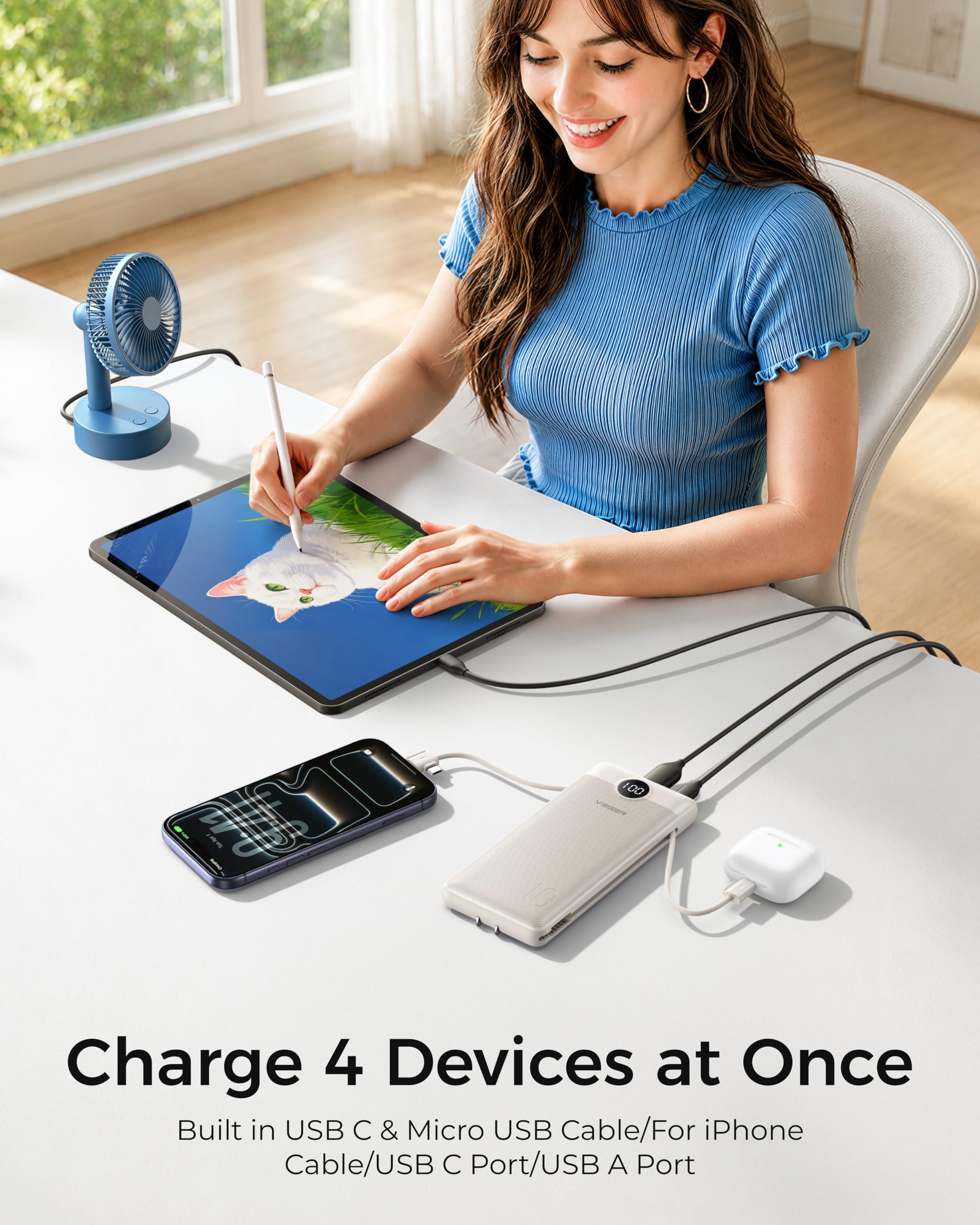 VEGER detalle de cables integrados Lightning y USB‑C para conveniencia