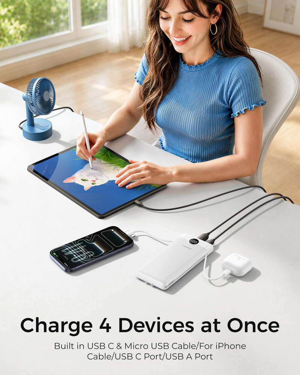 VEGER cables integrados conectando un iPhone y un Android para carga rápida