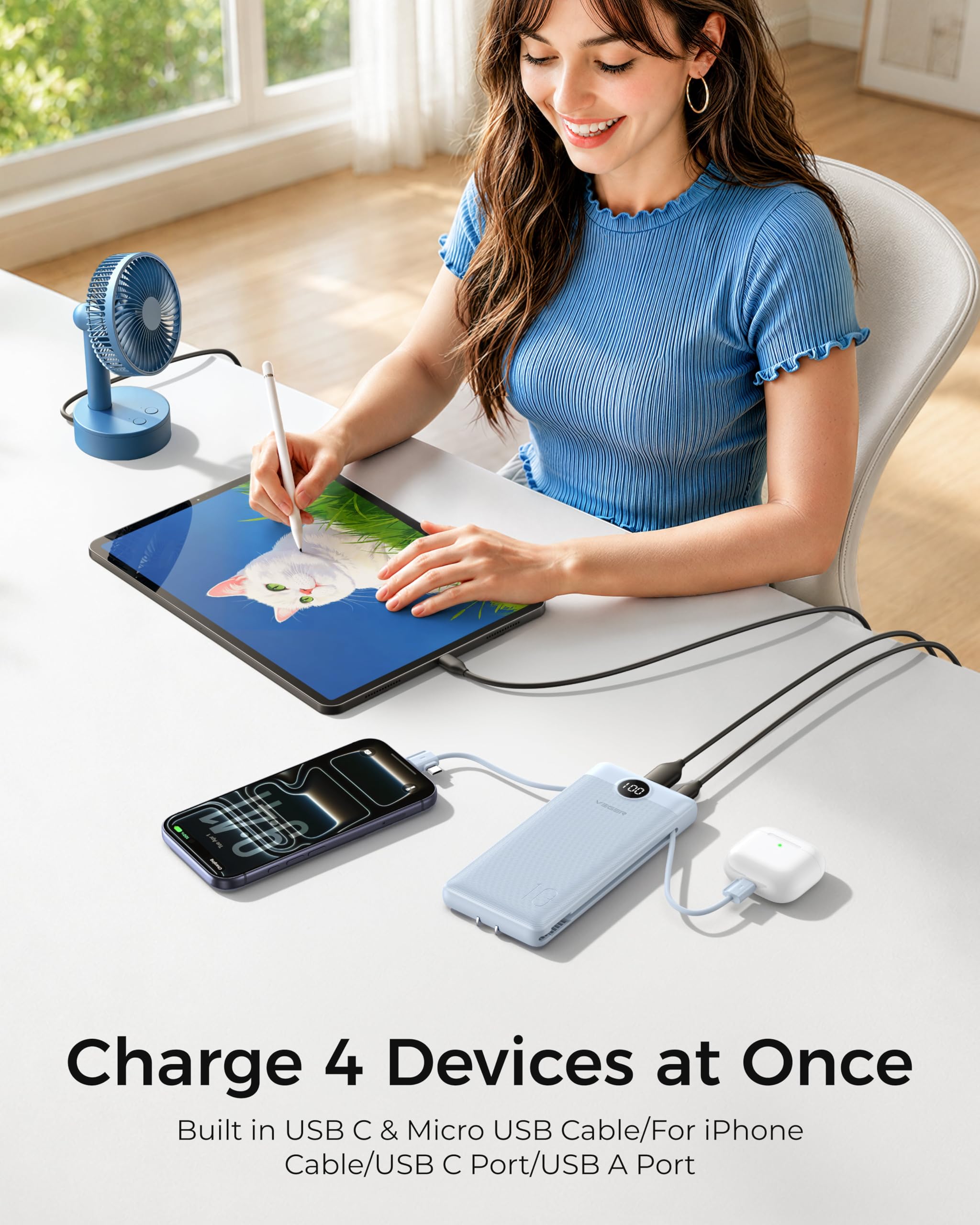 VEGER cables integrados y enchufe plegable listos para cargar dispositivos