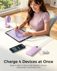 VEGER mostrando los cables integrados iOS y USB‑C, sin necesidad de accesorios