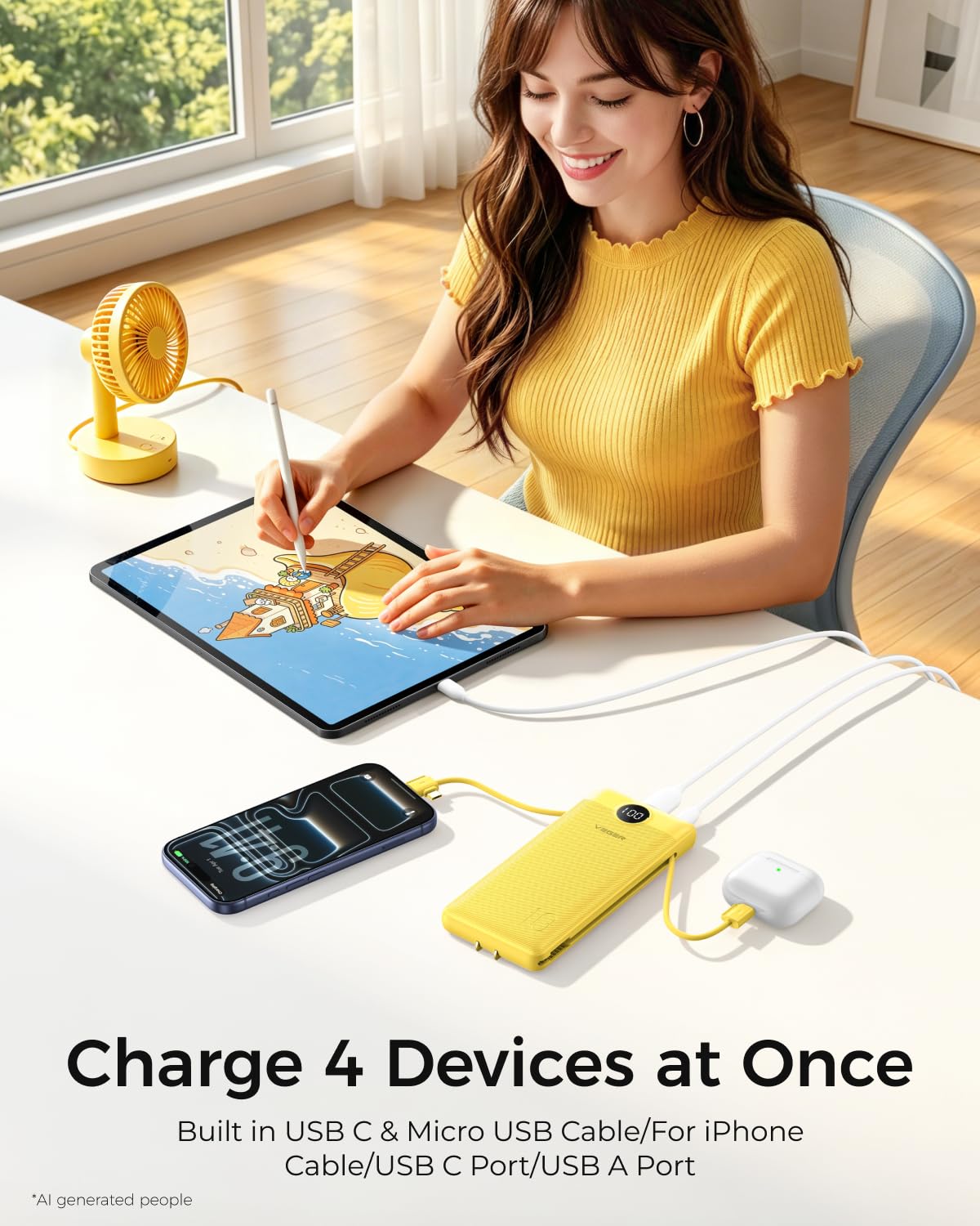VEGER cables integrados Lightning y USB‑C/Micro USB conectando dispositivos