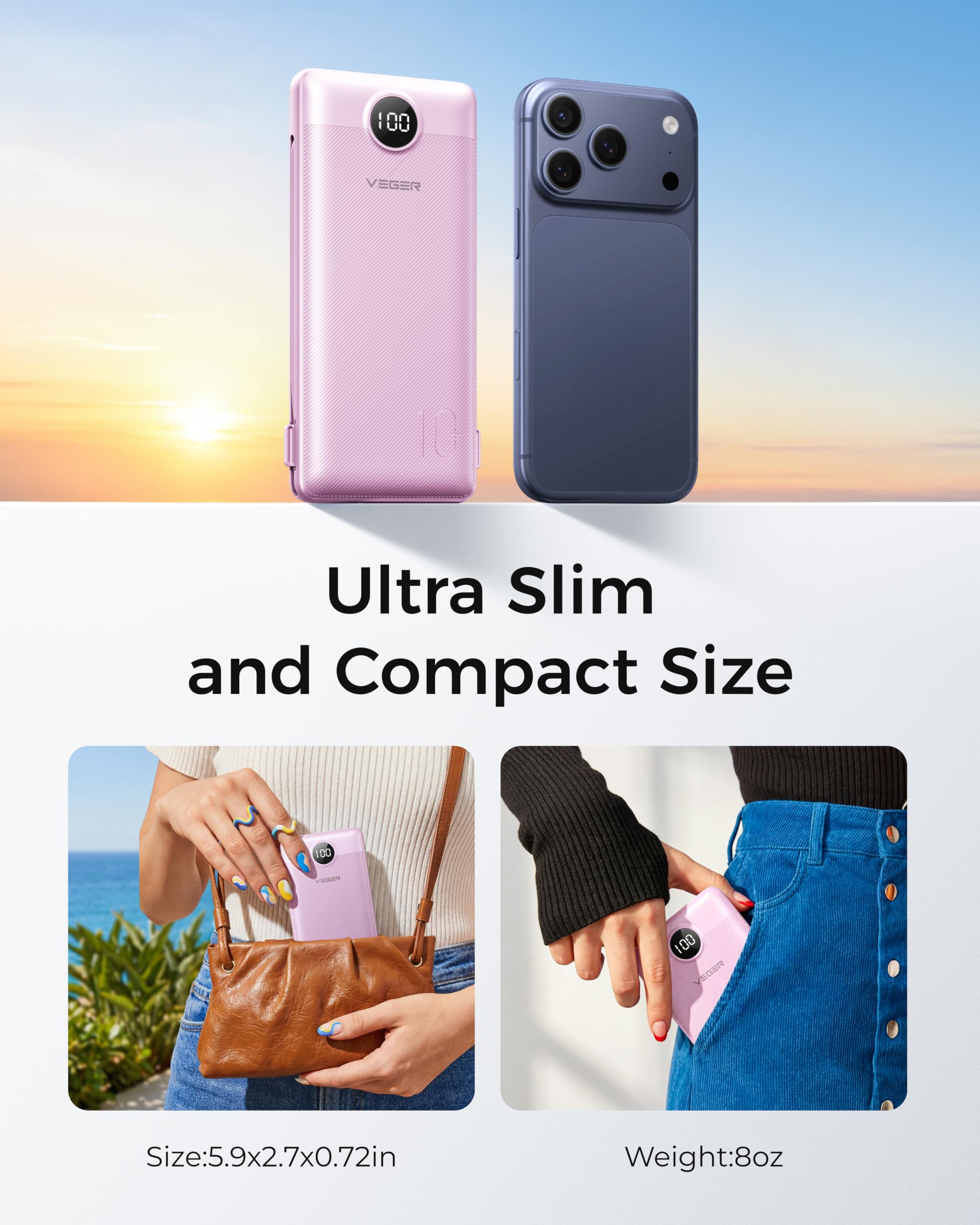 VEGER junto a un smartphone para comparar tamaño y portabilidad