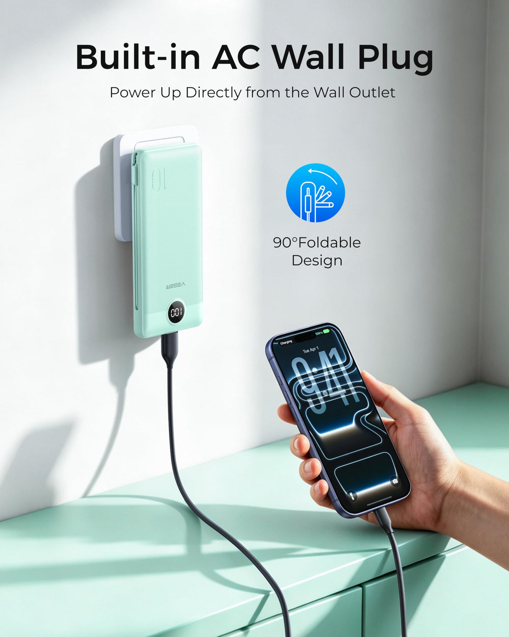 VEGER detalle de cables integrados Lightning y USB‑C listos para usar