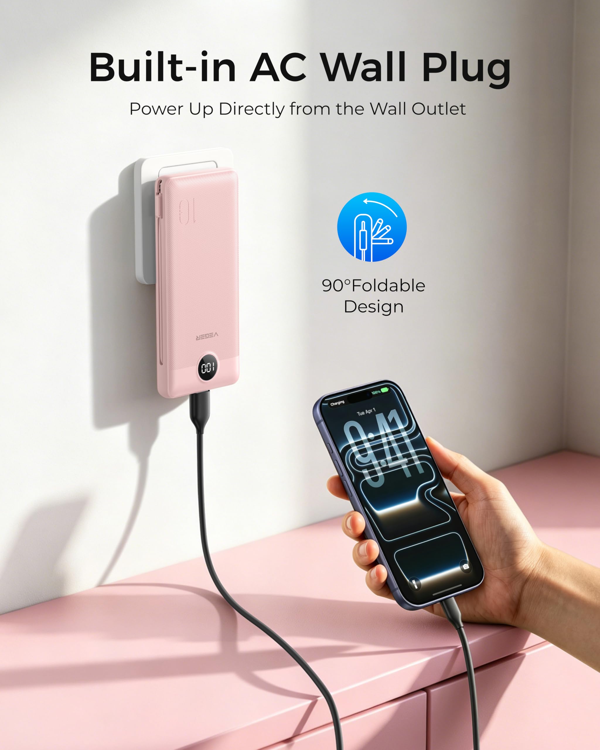 VEGER detalle de cables integrados Lightning y USB‑C para carga sin cables extra
