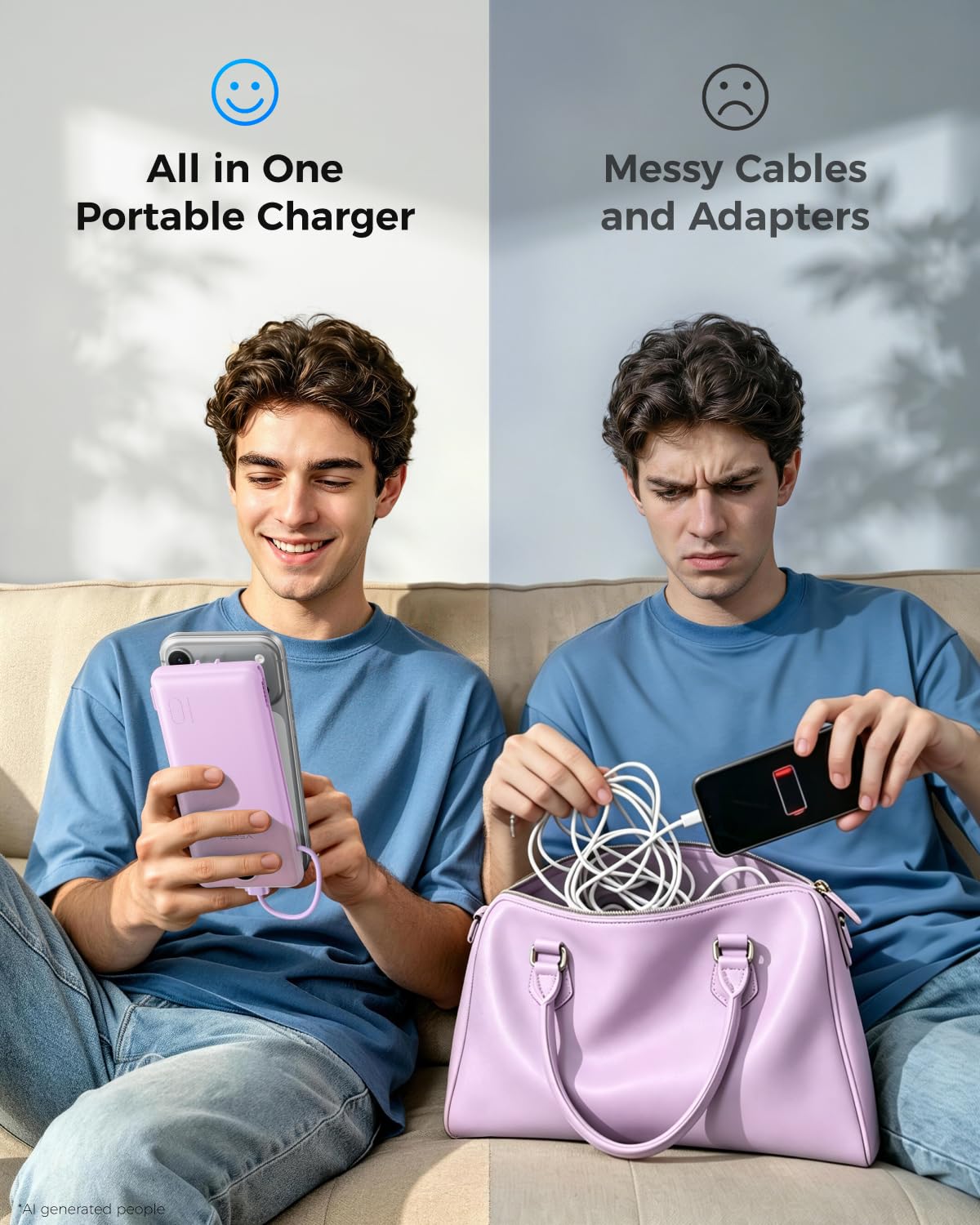 VEGER cargando móvil y auriculares en una mesa de café, carga simultánea eficiente