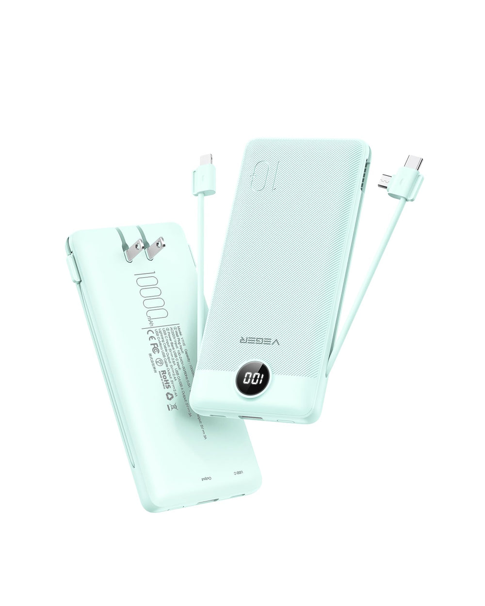 VEGER vista frontal con enchufe plegable y diseño compacto para viajar