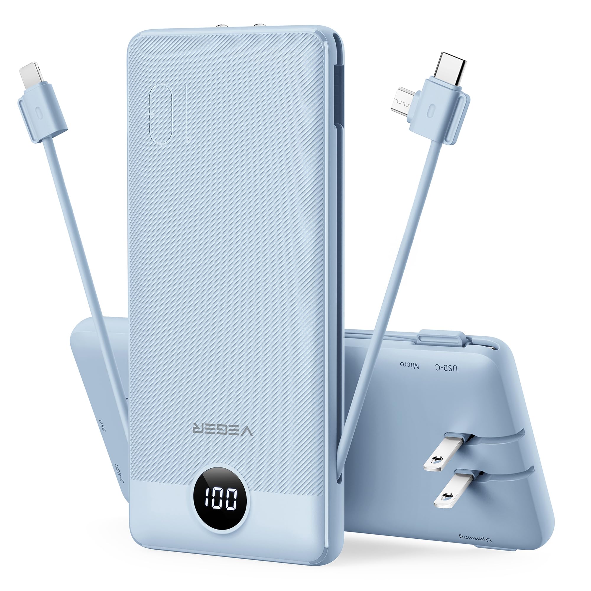 VEGER vista frontal del power bank con diseño compacto y enchufe integrado